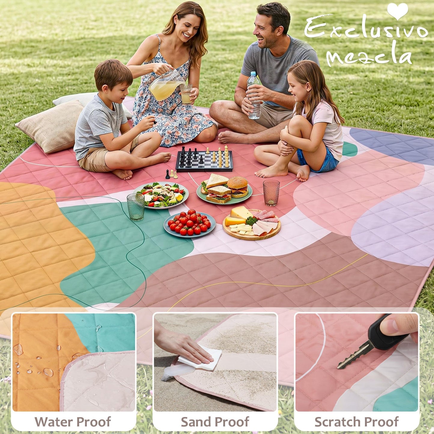 Exclusivo Mezcla Waterproof Picnic Blankets 3-Layer 80"x 80" Large Sandproof Beach Blanket Foldable Outdoor Blanket for Camping on Grass Picnic Mat, Abstract Pink