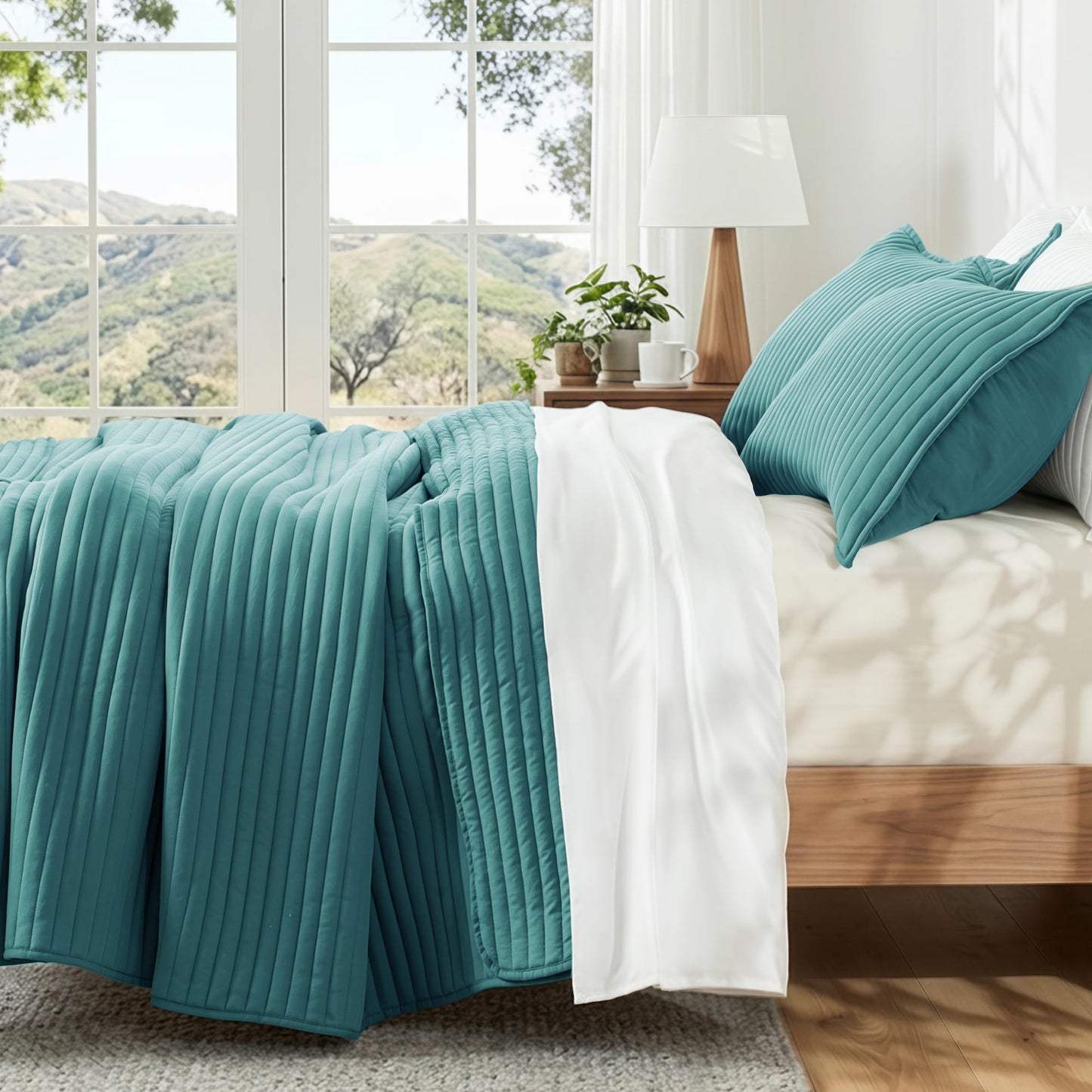 Exclusivo Mezcla Twin Quilt Bedding Set, Stripe Stitching Teal Quilts Twin Size for All Seasons, Soft Lightweight Microfiber Bedspreads Coverlets Bed Cover, 68"x88"