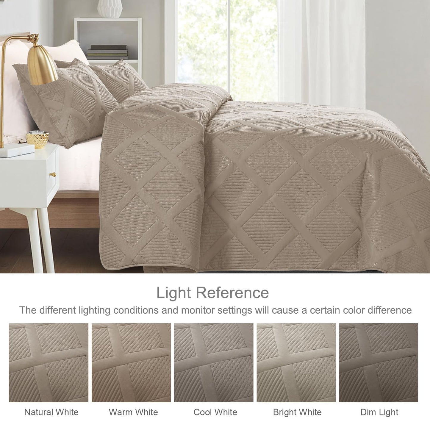 Exclusivo Mezcla Ultrasonic King Quilt Set, 3-Piece Lightweight Bedspreads Modern Striped Coverlet, Taupe