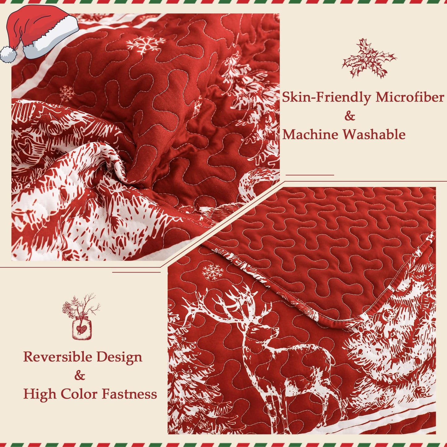Exclusivo Mezcla Reversible Christmas Quilts Twin Size, Red Bedspread Lightweight Coverlet Winter Quilt Bedding Set with Printed Striped Trees Snowflakes Pattern (1 Quilt, 1 Pillow Sham)