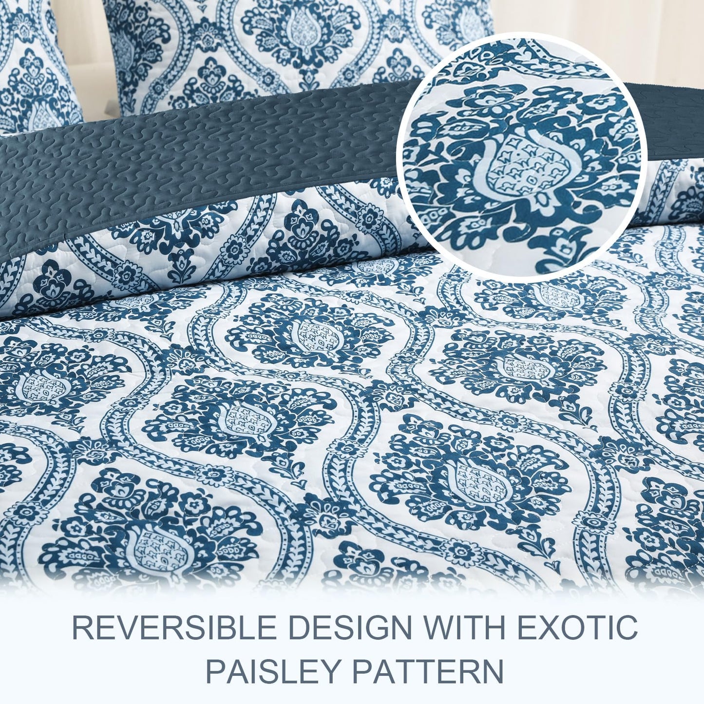 Exclusivo Mezcla Reversible Boho Quilts King Size, Blue Bedspreads Lightweight Coverlet All Season Damask Quilt Bedding Set with Printed Floral Pattern (1 Quilt, 2 Pillow Shams)