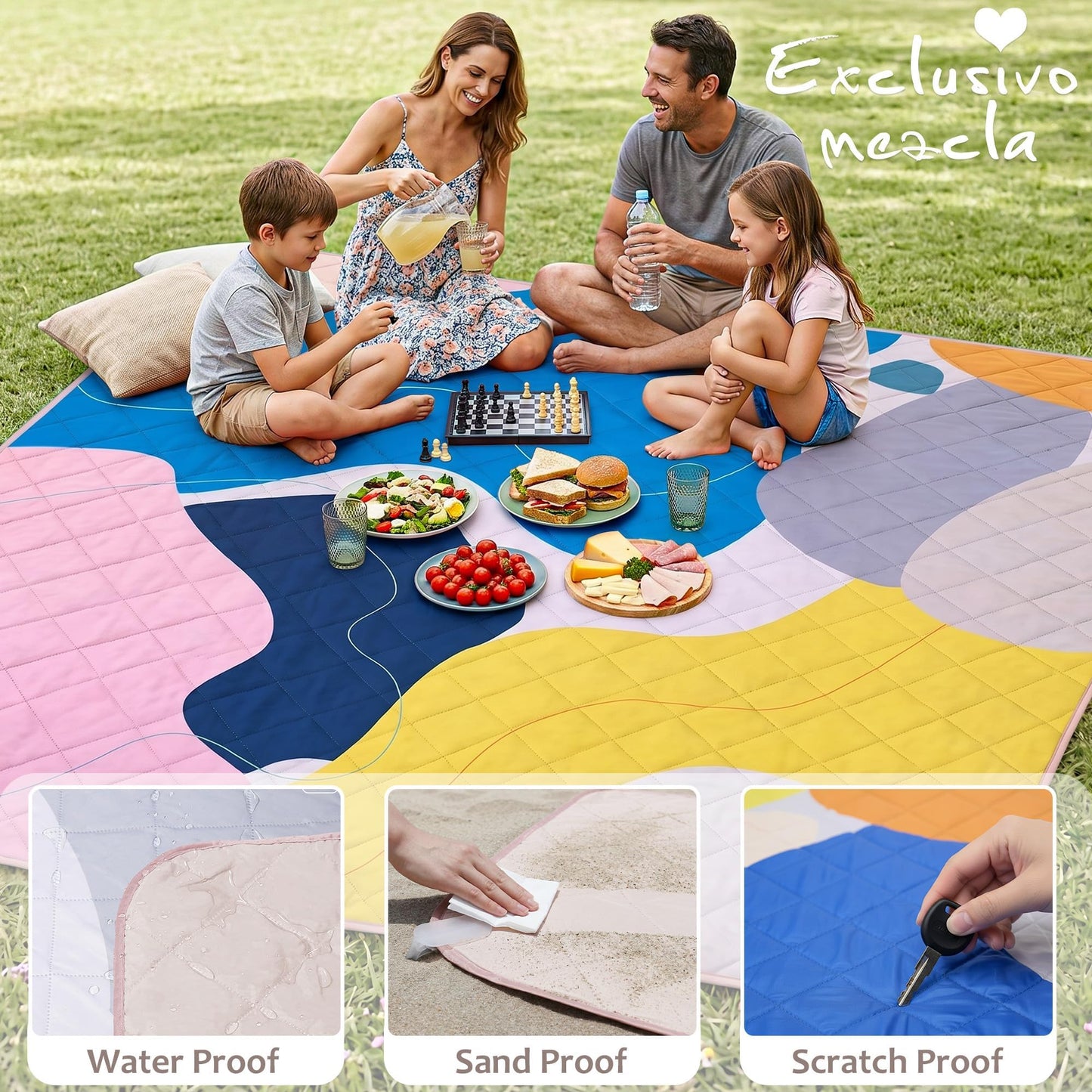 Exclusivo Mezcla Waterproof Picnic Blankets 3-Layer 80"x 80" Large Sandproof Beach Blanket Foldable Outdoor Blanket for Camping on Grass Picnic Mat, Abstract Yellow