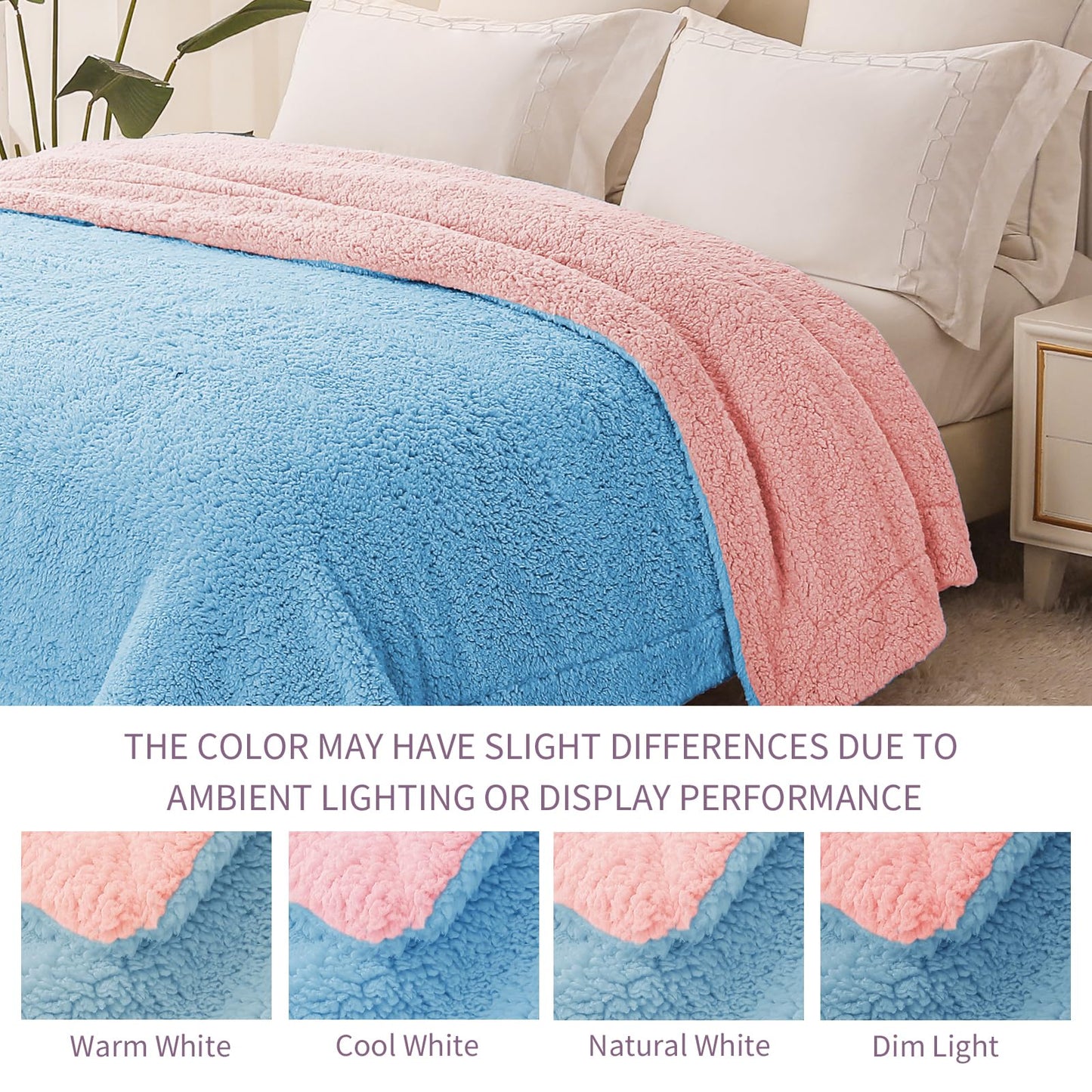 Exclusivo Mezcla Reversible Sherpa Throw Blanket for Couch, Thick and Warm Fleece Blankets for Winter, Soft Plush Fluffy, 50x60 Inches, Blue/ Light Pink