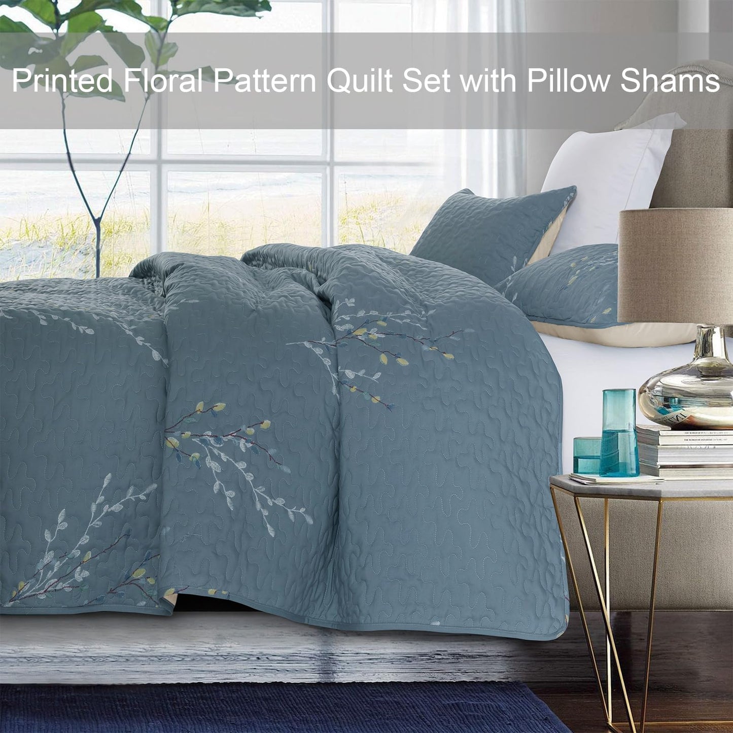 Exclusivo Mezcla 3 Piece Microfiber Queen Size Quilt Set, Lightweight Bedspreads/ Coverlet/ Bedding Set with 2 Pillow Shams, Floral Branches Pattern, (96"x 92", Blue)