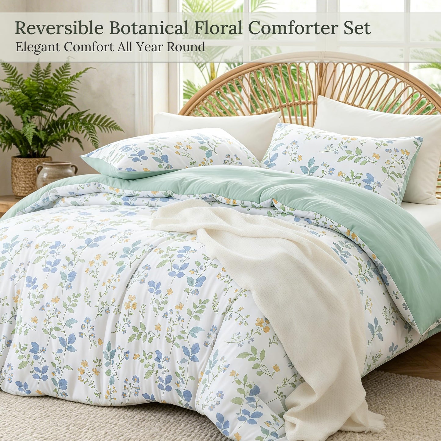 Exclusivo Mezcla Floral California King Comforter Set, 3 Pieces Lightweight Reversible Soft Bedding Comforters for All Seasons, White Botanical Flowers Pattern