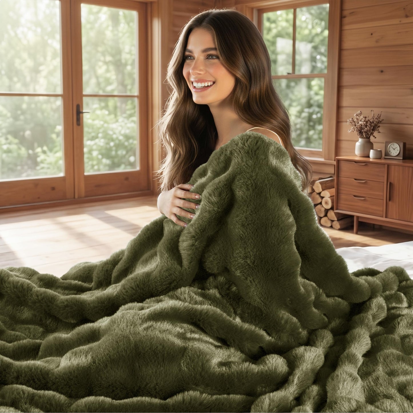 Exclusivo Mezcla Fuzzy Faux Fur Bed Blanket Queen Size, Sherpa Fleece Blankets,Fluffy Plush Warm Throws for Couch, Bed, 90X90 Inches, Olive Green