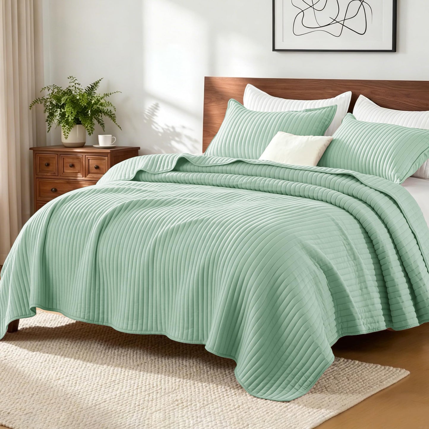 Exclusivo Mezcla Full Queen Quilt Bedding Set, Stripe Stitching Sage Green Quilts Queen Size for All Seasons, Soft Lightweight Microfiber Bedspreads Coverlets Bed Cover, 90"x96"