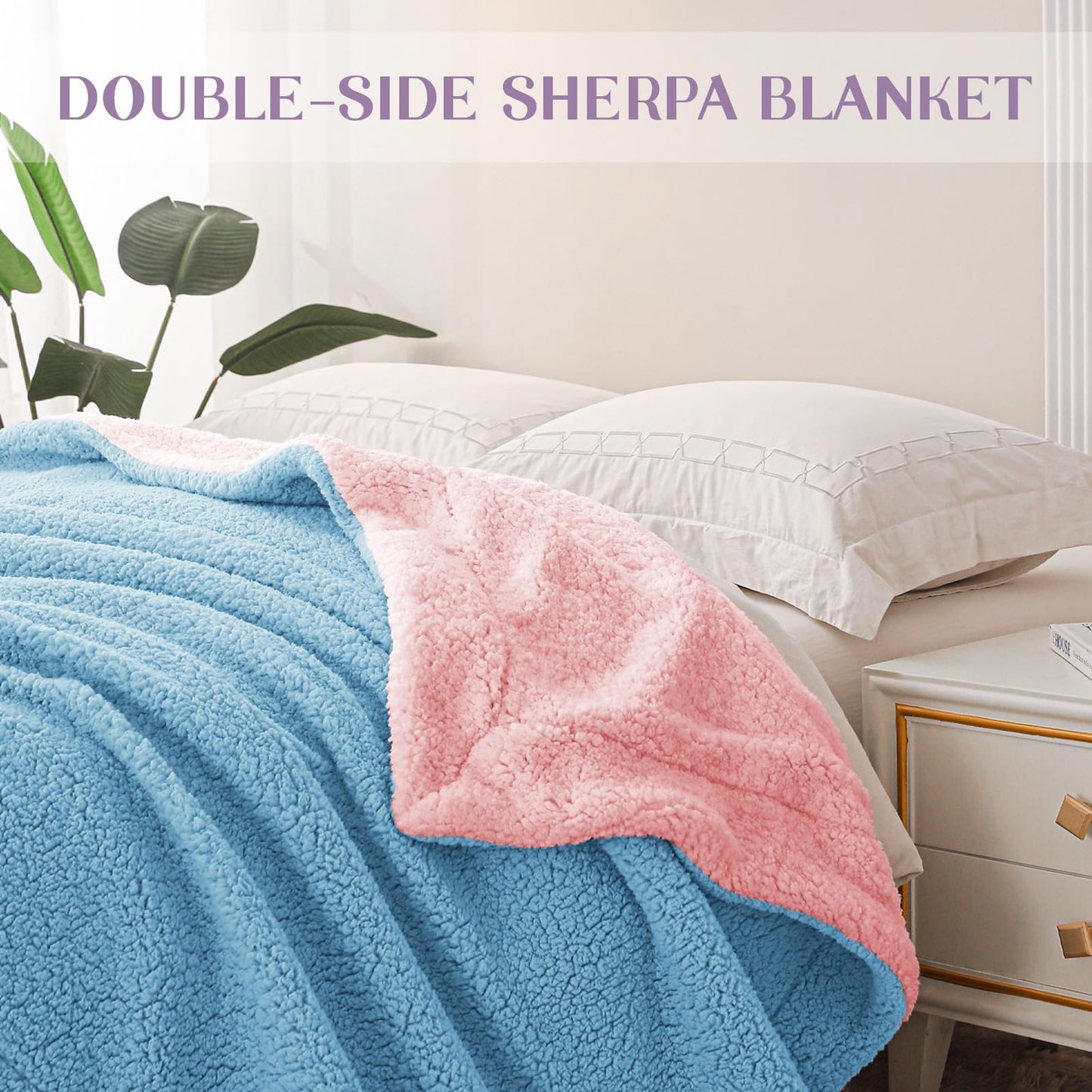 Exclusivo Mezcla Reversible Queen Size Sherpa Blanket, Thick and Warm Fleece Blankets for Winter, Soft Plush Fluffy for Bed, 90x90 Inches, Blue/ Light Pink