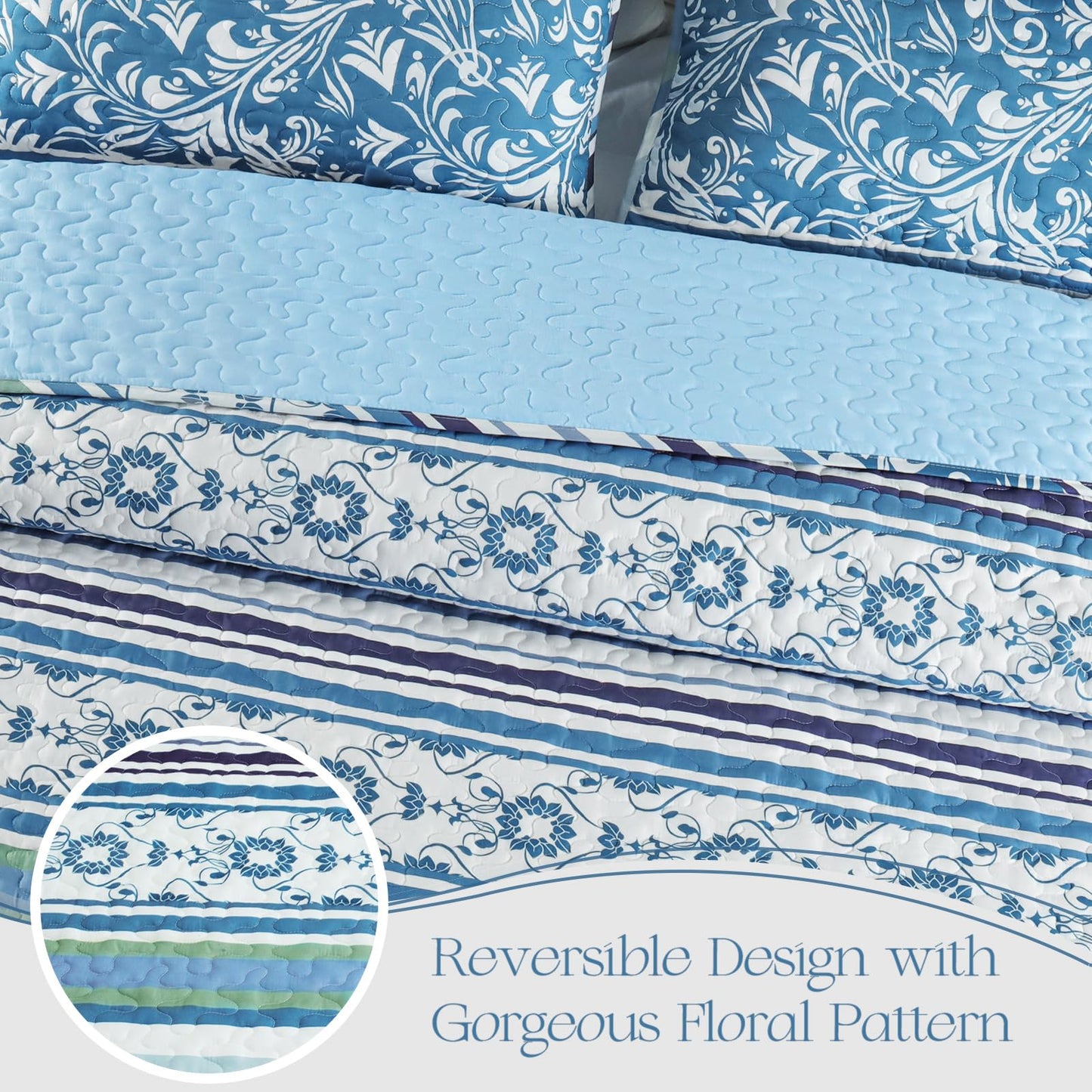 Exclusivo Mezcla Reversible Boho Quilt Set Queen Size, 3 Pieces Bohemian Striped Blue All Season Bedspreads, Ultra Soft Floral Coverlet Bedding Set with Printed Pattern (1 Quilt, 2 Pillow Shams)