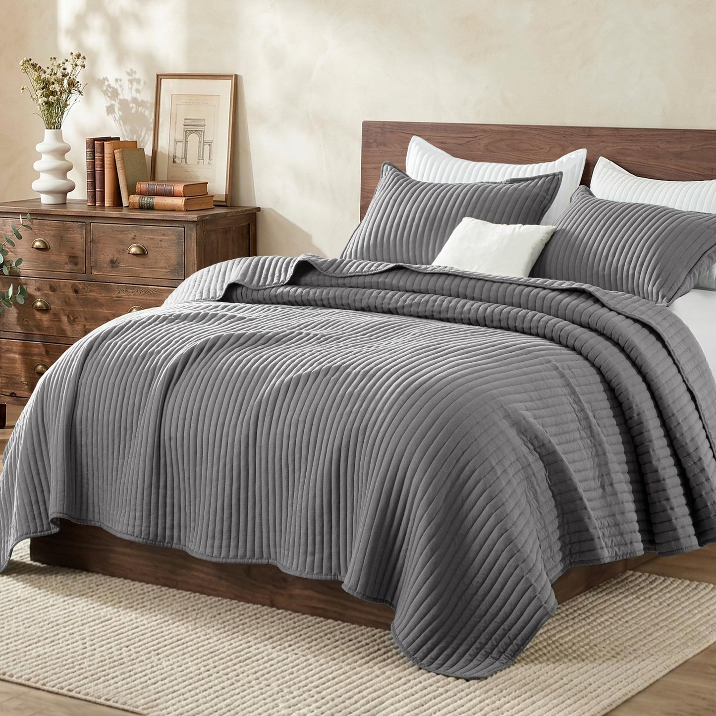Exclusivo Mezcla Full Queen Quilt Bedding Set, Stripe Stitching Grey Quilts Queen Size for All Seasons, Soft Lightweight Microfiber Bedspreads Coverlets Bed Cover, 90"x96"