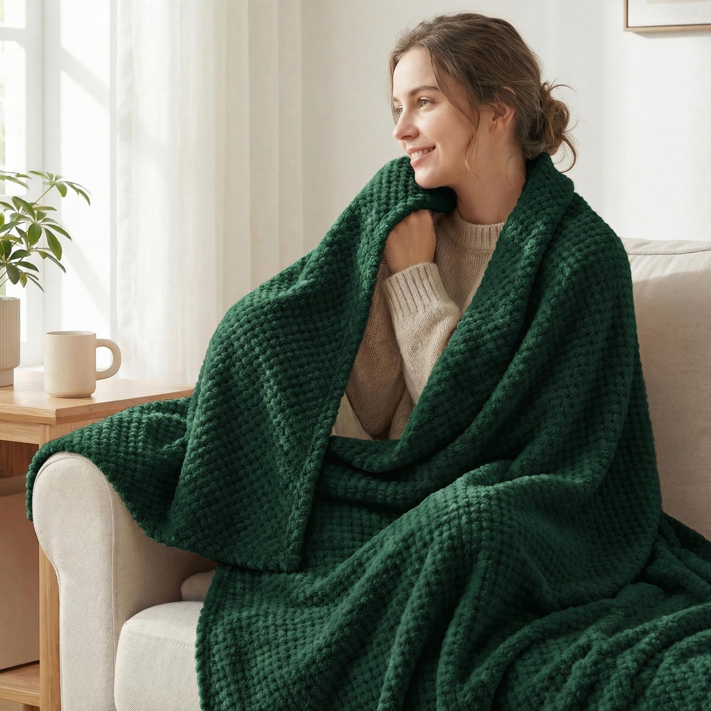 Exclusivo Mezcla Fleece Bed Blanket Twin Size, Super Soft and Warm Blankets for Couch, Sofa and Bed Waffle Textured, Cozy, Fuzzy and Lightweight (Forest Green, 60x80 inches)