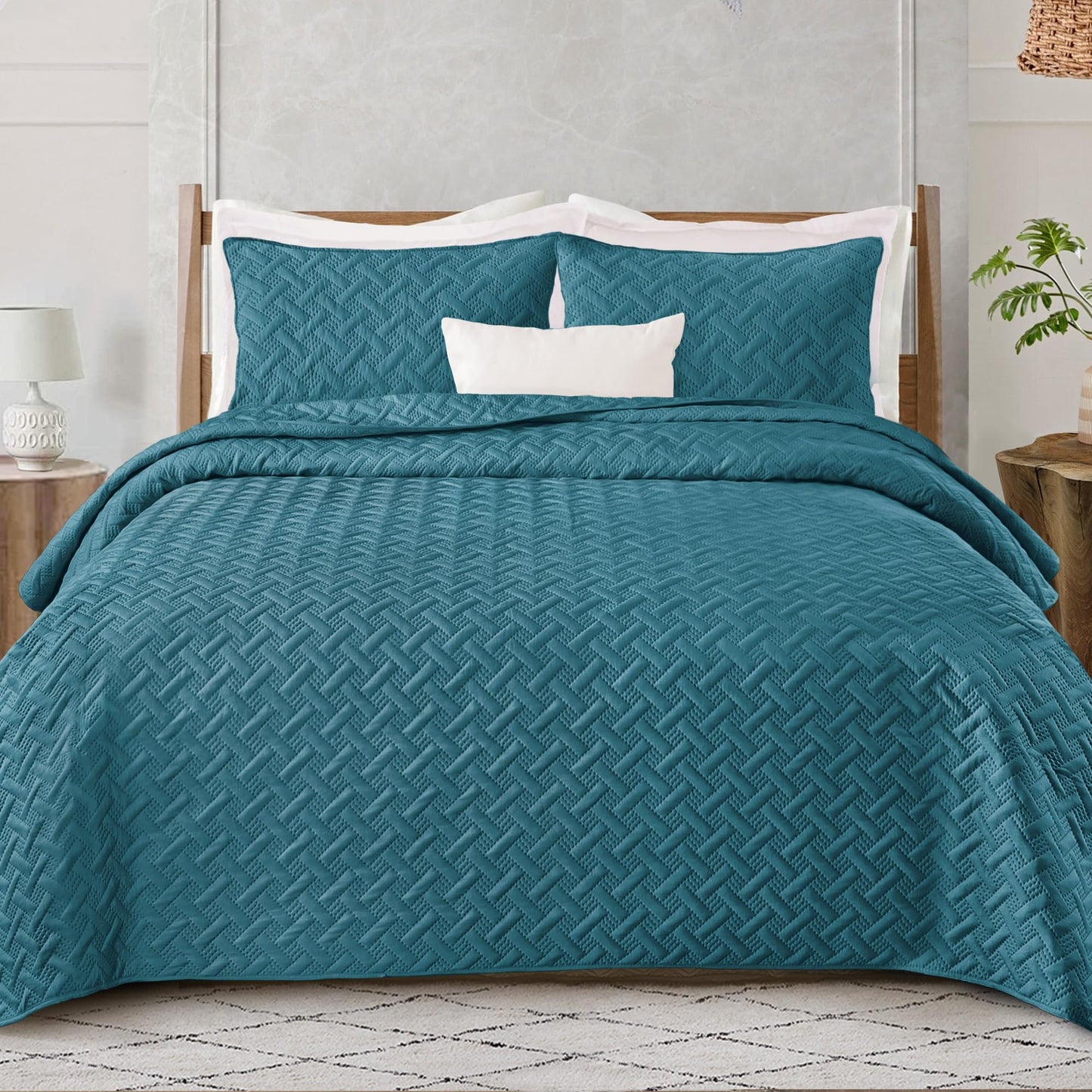 Exclusivo Mezcla Soft Quilt Set Twin Size, 2 Pieces Lightweight Quilts Teal Bedspreads Coverlets Bedding Set for All Seasons, Weave Pattern