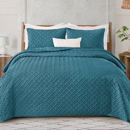 Exclusivo Mezcla Soft Quilt Set Queen Full Size, 3 Pieces Lightweight Quilts Teal Bedspreads Coverlets Bedding Set for All Seasons, Weave Pattern