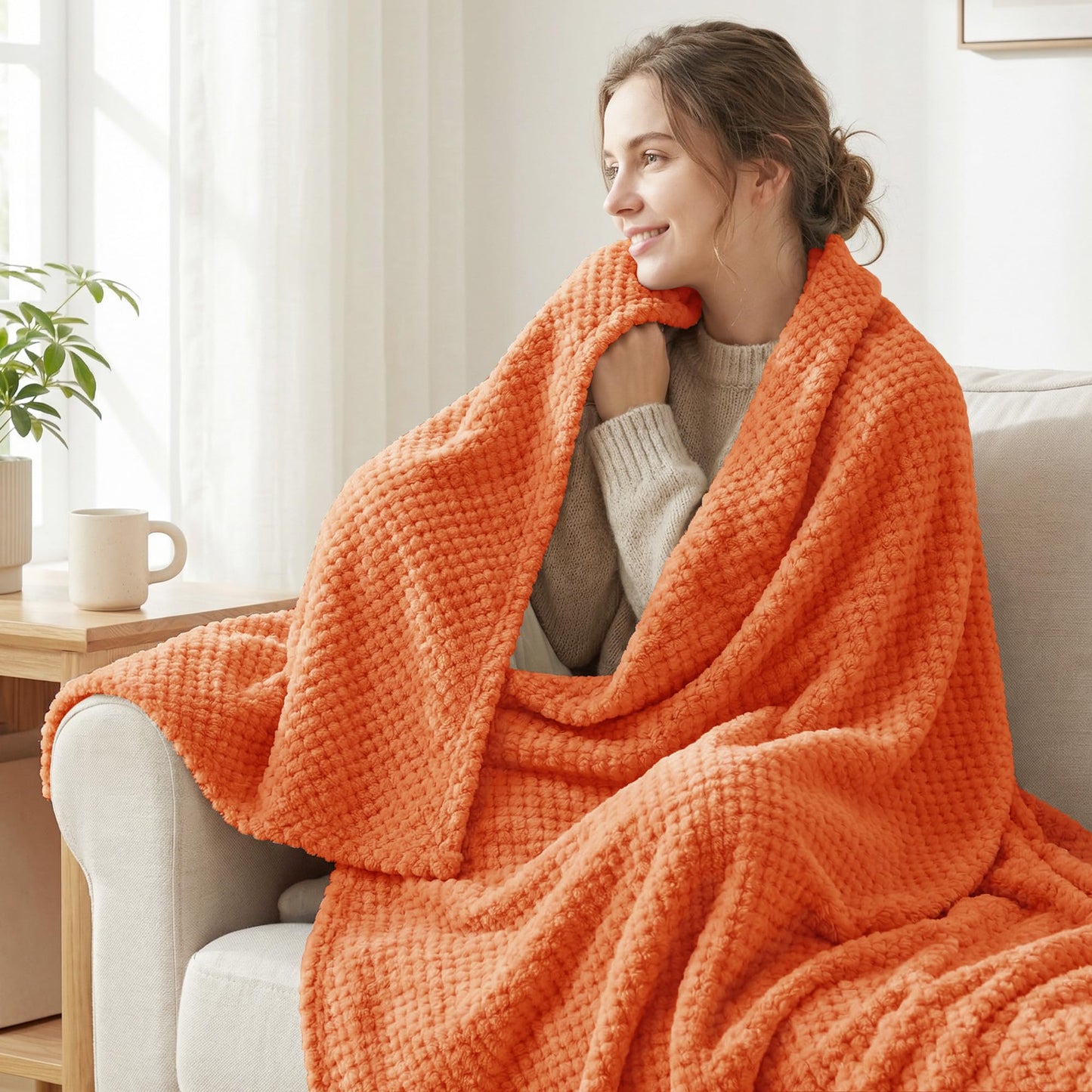 Exclusivo Mezcla Fleece Bed Blanket Twin Size, Super Soft and Warm Blankets for Couch, Sofa and Bed Waffle Textured, Cozy, Fuzzy and Lightweight (Burnt Orange, 60x80 Inches)