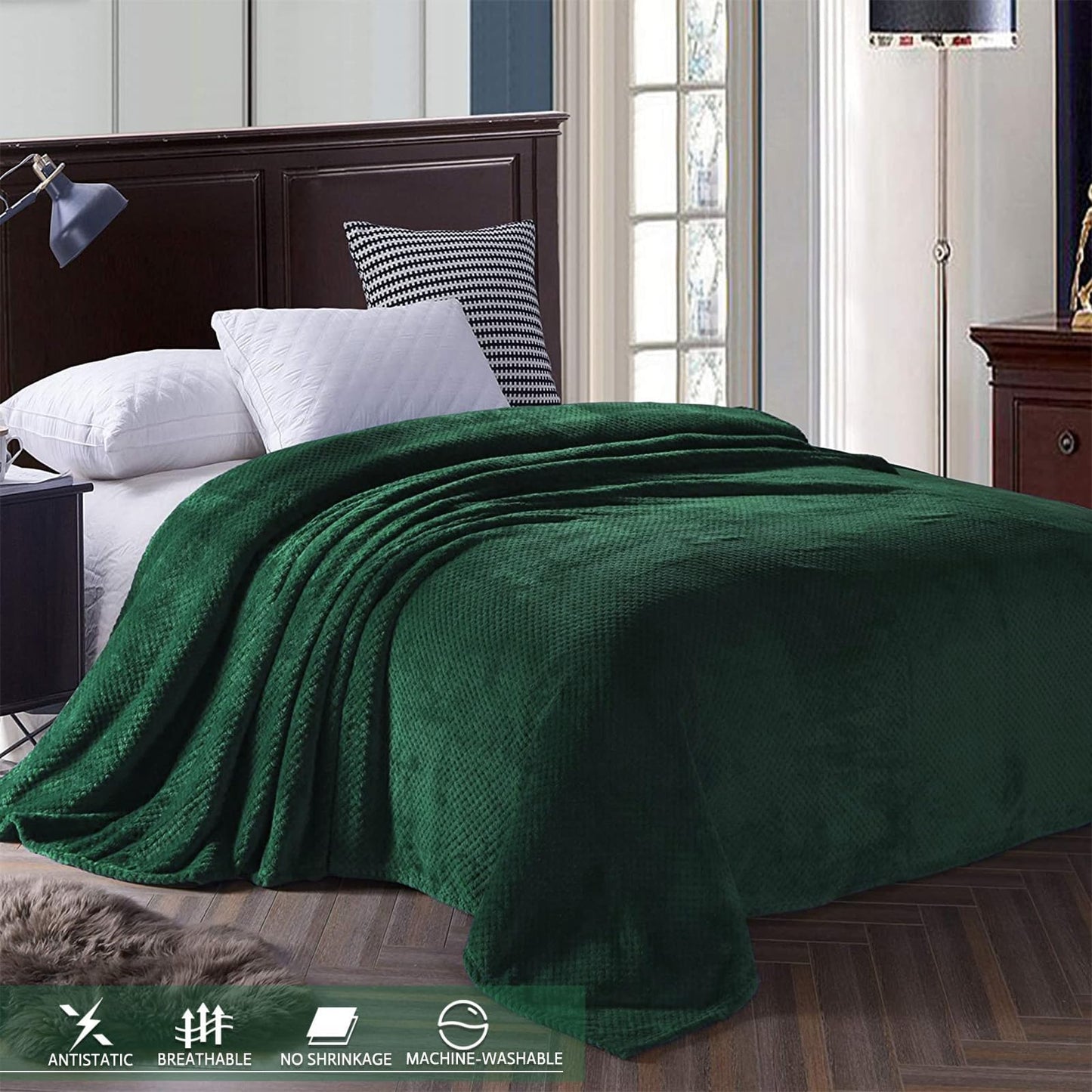 Exclusivo Mezcla Fleece Bed Blanket Twin Size, Super Soft and Warm Blankets for Couch, Sofa and Bed Waffle Textured, Cozy, Fuzzy and Lightweight (Forest Green, 60x80 inches)