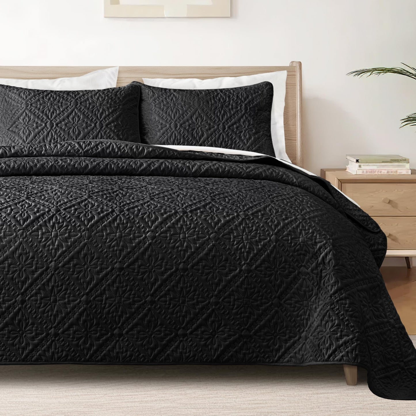 Exclusivo Mezcla Queen Quilt Bedding Set, Lightweight Soft Bedspreads Coverlets with 2 Pillow Shams, Modern Black Quilts Queen Full Size for All Seasons