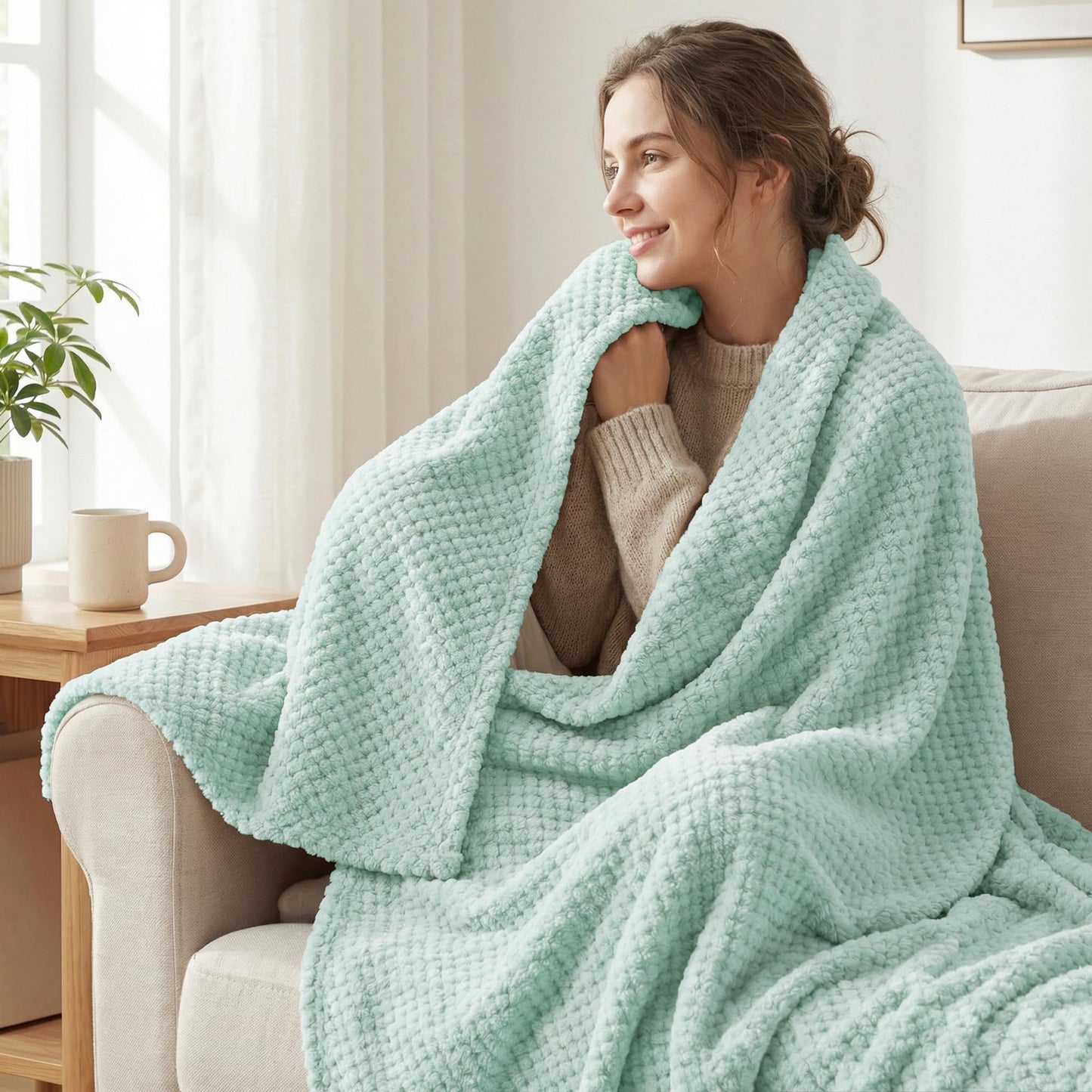 Exclusivo Mezcla Fleece Bed Blanket Twin Size, Super Soft and Warm Blankets for Couch, Sofa and Bed Waffle Textured, Cozy, Fuzzy and Lightweight (Mint Green, 60x80 inches)