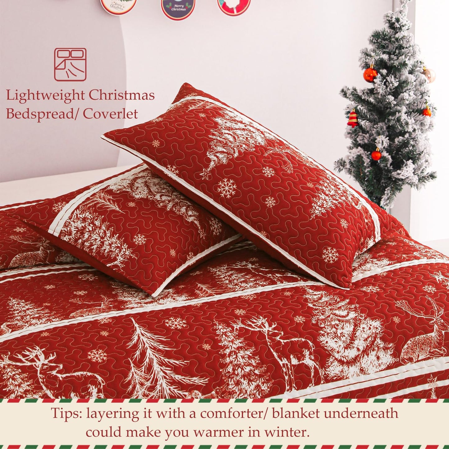 Exclusivo Mezcla Reversible Christmas Quilts Twin Size, Red Bedspread Lightweight Coverlet Winter Quilt Bedding Set with Printed Striped Trees Snowflakes Pattern (1 Quilt, 1 Pillow Sham)