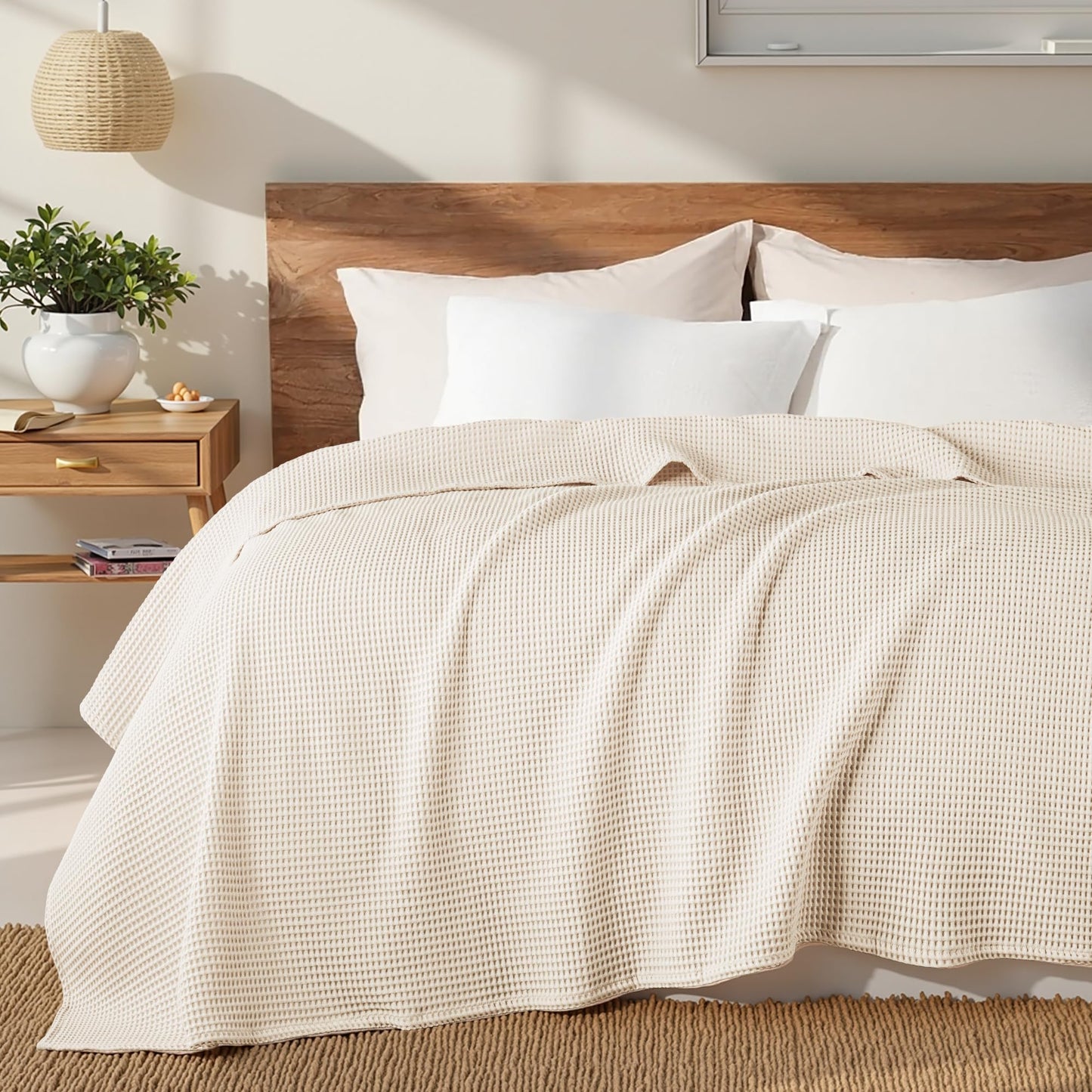 Exclusivo Mezcla 100% Cotton Waffle Weave Blanket King Size, Soft, Lightweight and Breathable Muslin Gauze Blanket for Bed, All Season, 90"x104", Beige