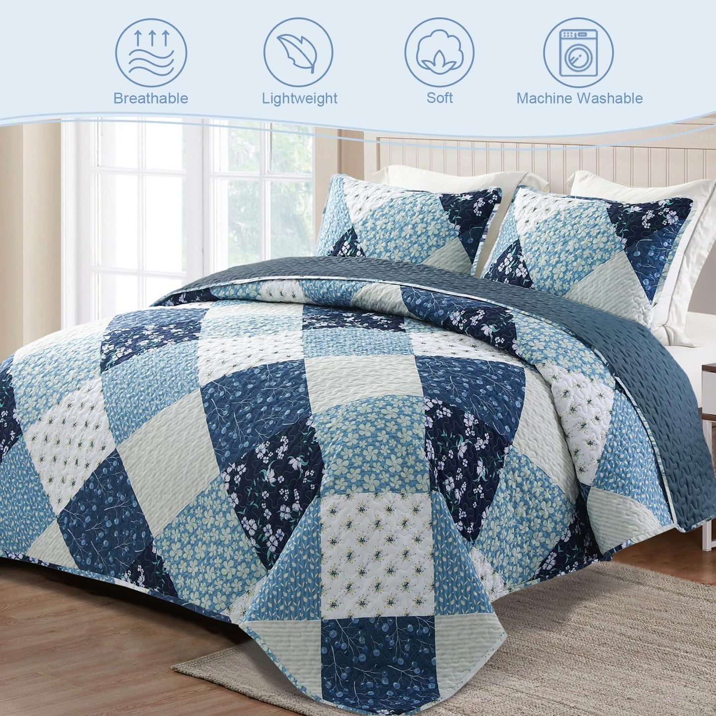 Exclusivo Mezcla Reversible Boho California King Quilt, Blue Soft Bedspreads Lightweight Coverlet All Season Patchwork Quilts Bedding Set with Printed Floral Pattern (1 Quilt, 2 Pillow Shams)