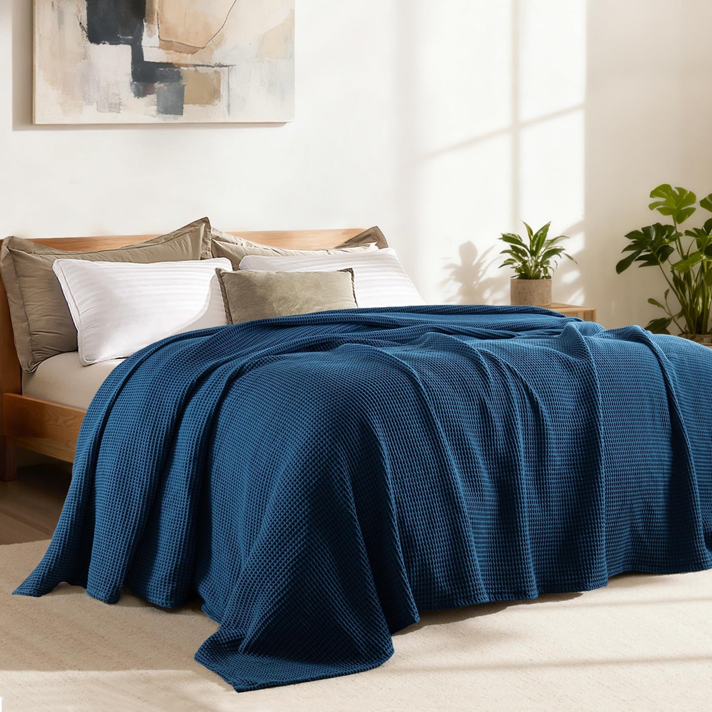 Exclusivo Mezcla 100% Cotton Waffle Weave Blanket Twin Size, Soft, Lightweight and Breathable Muslin Gauze Blanket for Dorm, Home Decor, All Season, 60"x80", Navy Blue