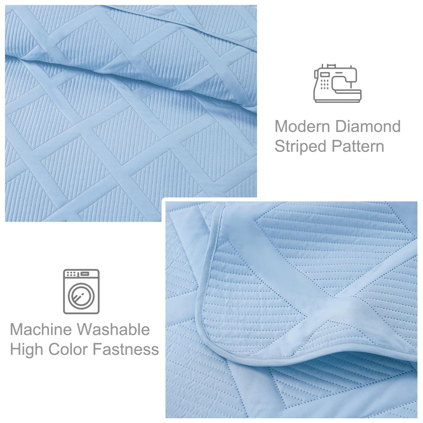 Exclusivo Mezcla Full Queen Size Quilt Set with Modern Striped Pattern, 3 Pieces Lightweight Sky Blue Quilts Bedding Set, Soft Bedspreads Coverlets for All Seasons
