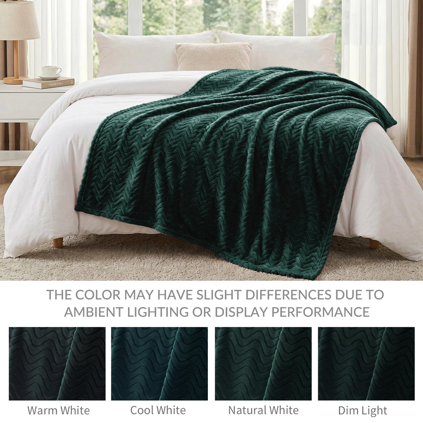 Exclusivo Mezcla Queen Size Jacquard Weave Wave Pattern Flannel Fleece Velvet Plush Bed Blanket as Bedspread/Coverlet/Bed Cover (90" x 90", Forest Green) - Soft, Lightweight, Warm and Cozy
