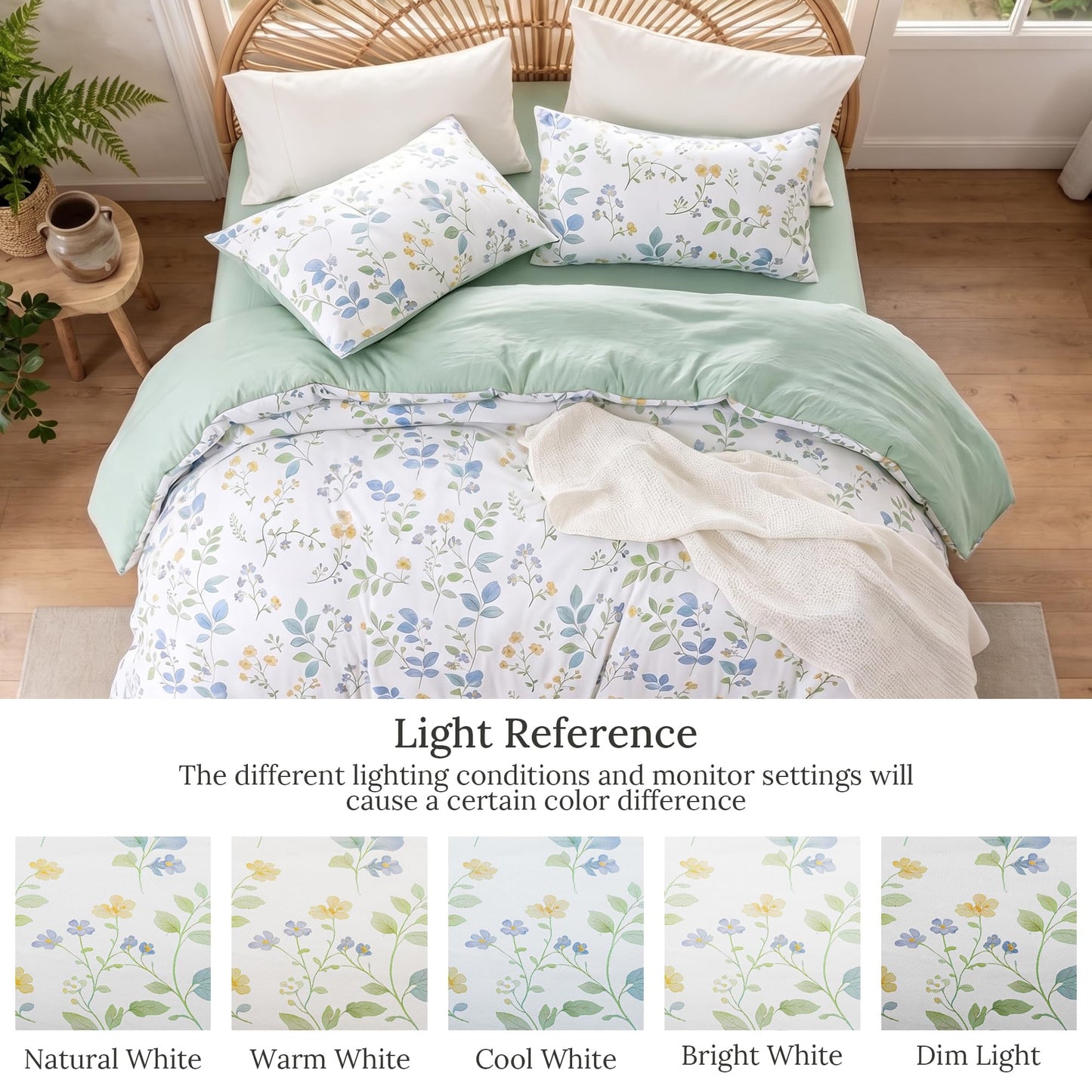 Exclusivo Mezcla Floral Queen Comforter Set, 3 Pieces Lightweight Reversible Soft Bedding Comforters for All Seasons, White Botanical Flowers Pattern