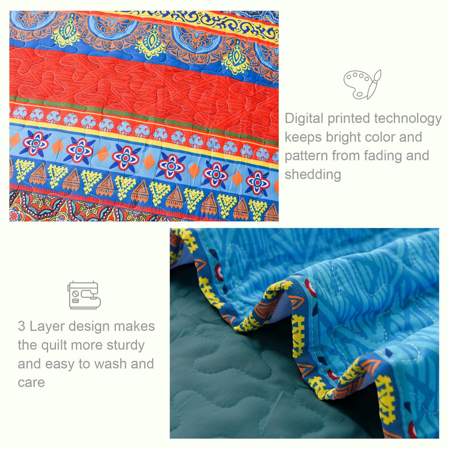 Exclusivo Mezcla Reversible Boho California King Quilt, Blue Soft Bedspreads Lightweight Coverlet All Season Bohemian Quilts Bedding Set with Printed Floral Pattern (1 Quilt, 2 Pillow Shams)