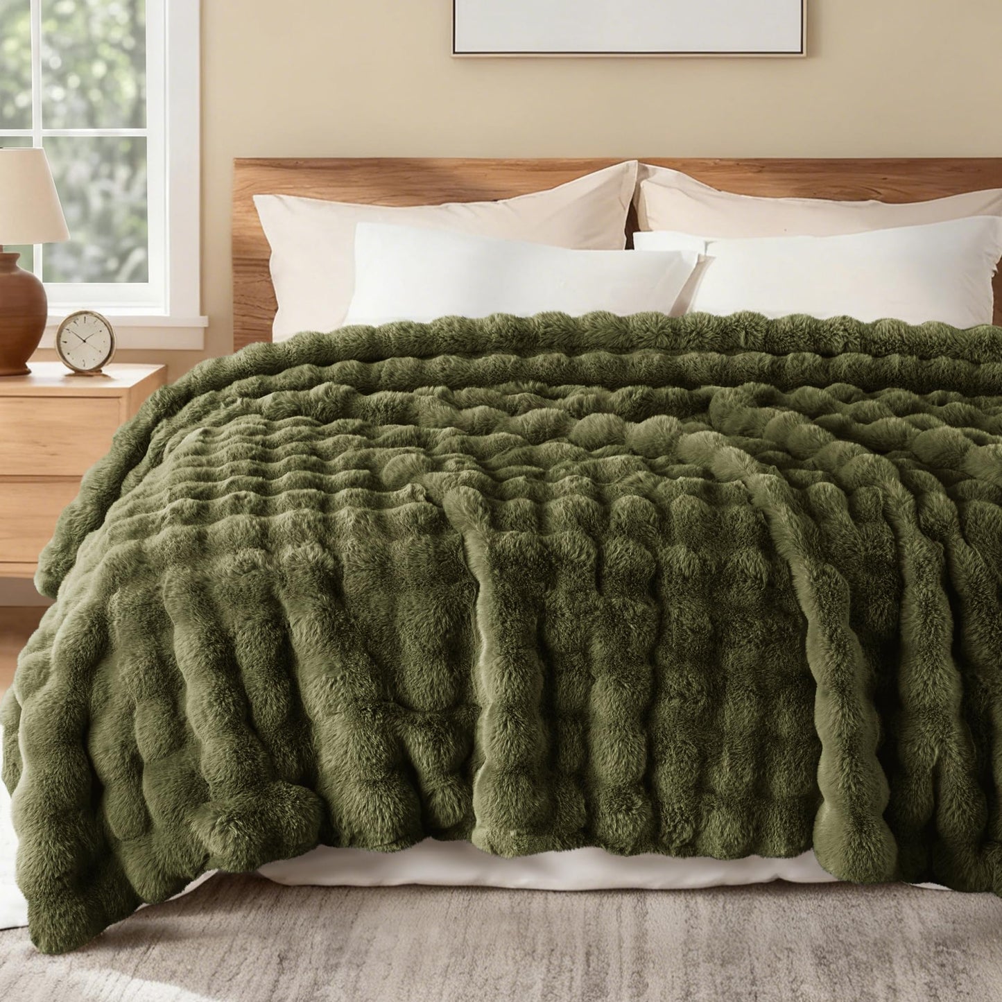 Exclusivo Mezcla Fuzzy Faux Fur Bed Blanket Twin Size, Sherpa Fleece Blankets,Fluffy Plush Warm Throws for Couch, Bed, 60X80 Inches, Olive Green