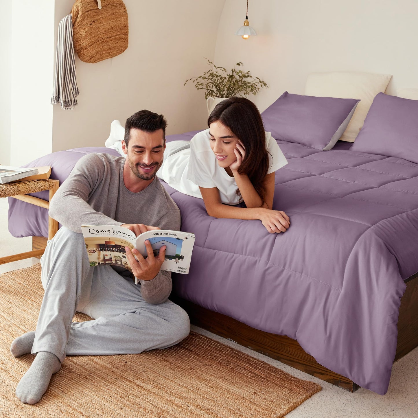 Exclusivo Mezcla Lightweight Reversible 3-Piece Comforter Set All Seasons, Down Alternative Comforter with 2 Pillow Shams, Oversized King Size, Dusty Lavender/Lilac Ash