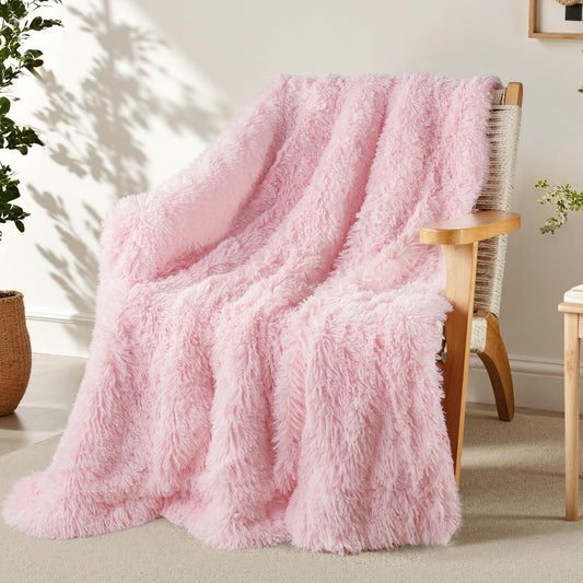 Exclusivo Mezcla Fuzzy Faux Fur Throw Blanket, Reversible Shaggy Sherpa Fleece Blankets, Fluffy Plush Warm Throws for Couch, Bed, 50x60 Inches, Dusty Pink