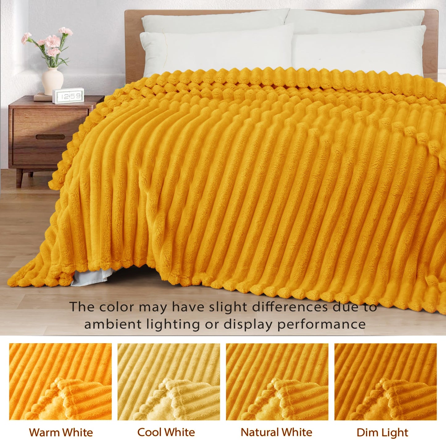 Exclusivo Mezcla Queen Size Flannel Fleece Blanket, Super Soft 3D Striped Jacquard Blanket for Bed, Lightweight Fuzzy Cozy Blankets, Mustard Yellow, 90"x90"