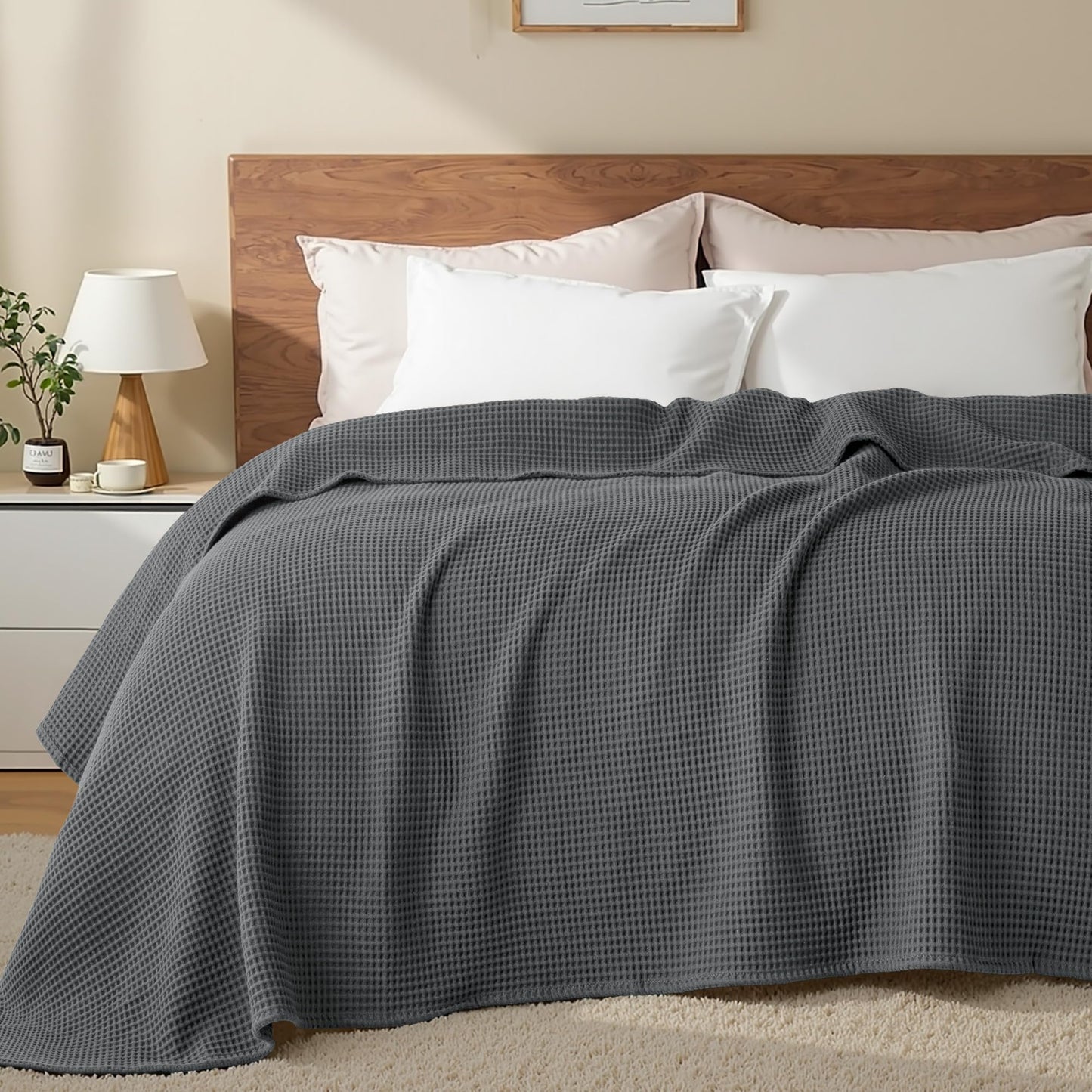 Exclusivo Mezcla 100% Cotton Waffle Weave Blanket Twin Size, Soft, Lightweight and Breathable Muslin Gauze Blanket for Dorm, Home Decor, All Season, 60"x80", Dark Grey