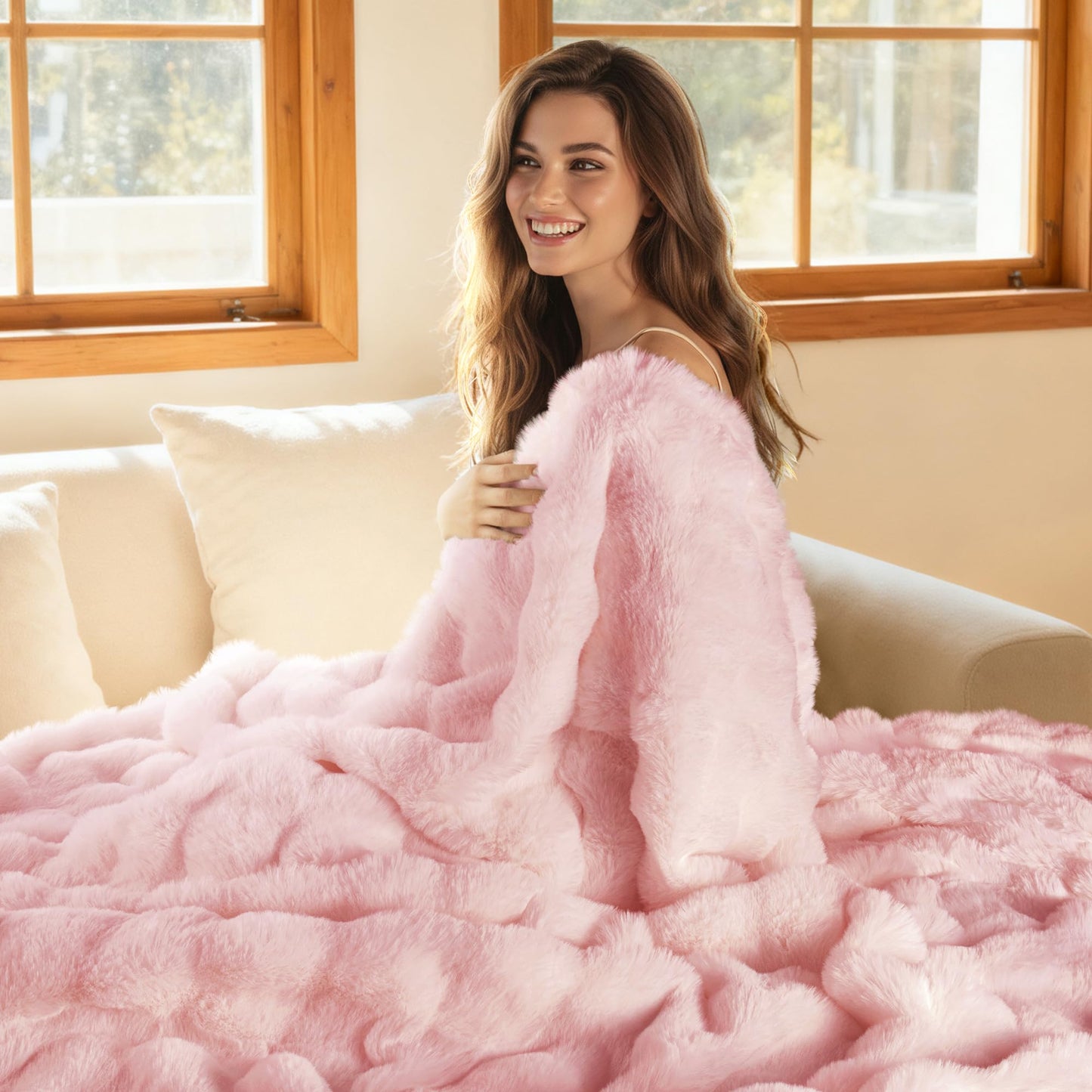 Exclusivo Mezcla Fuzzy Faux Fur Bed Blanket Twin Size, Sherpa Fleece Blankets,Fluffy Plush Warm Throws for Couch, Bed, 60X80 Inches, Pink