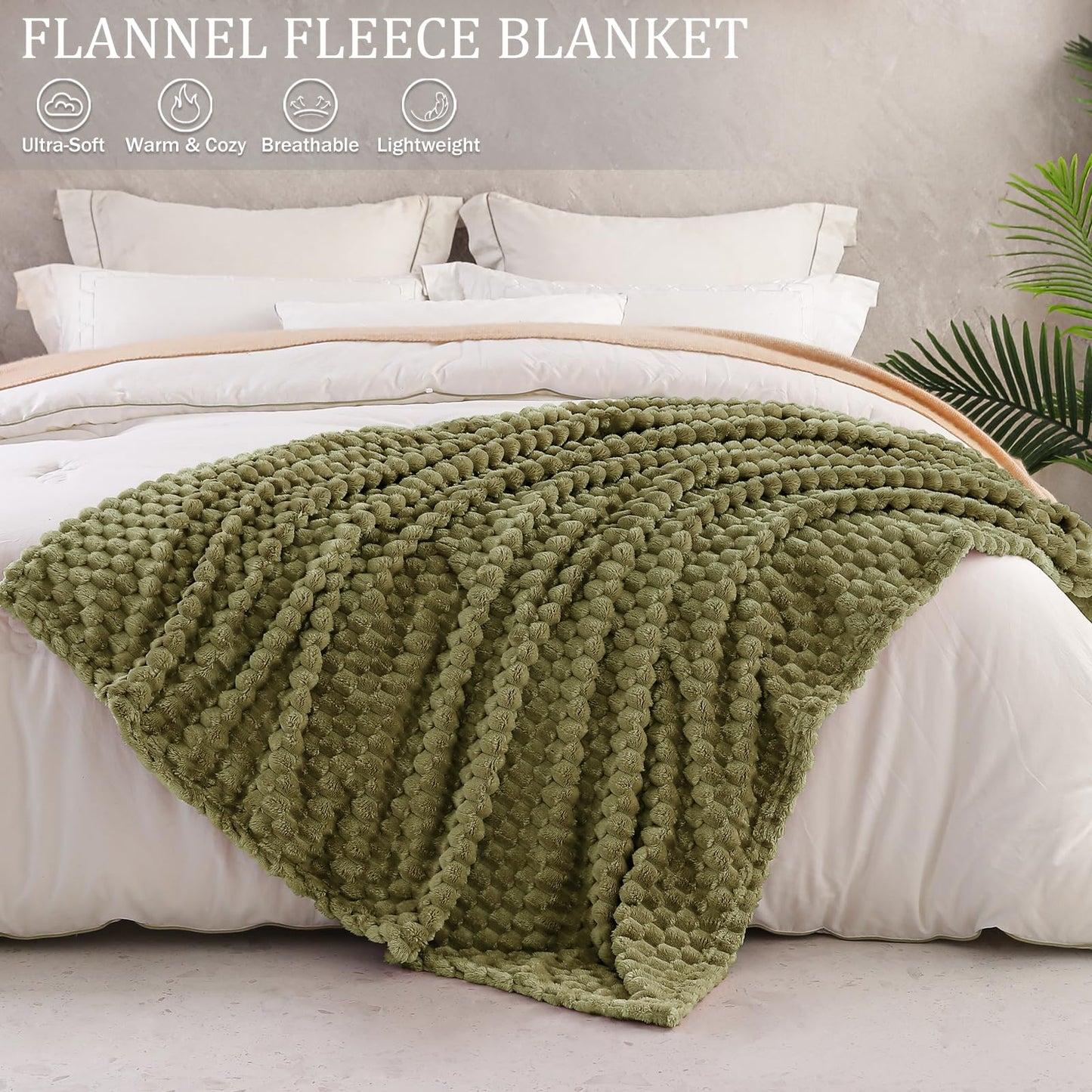 Exclusivo Mezcla Fleece King Blanket for Bed, Extra Large Fuzzy Olive Green Bed Blankets, Soft Cozy Plush Sofa Throws for All Seasons, 90x104 Inches