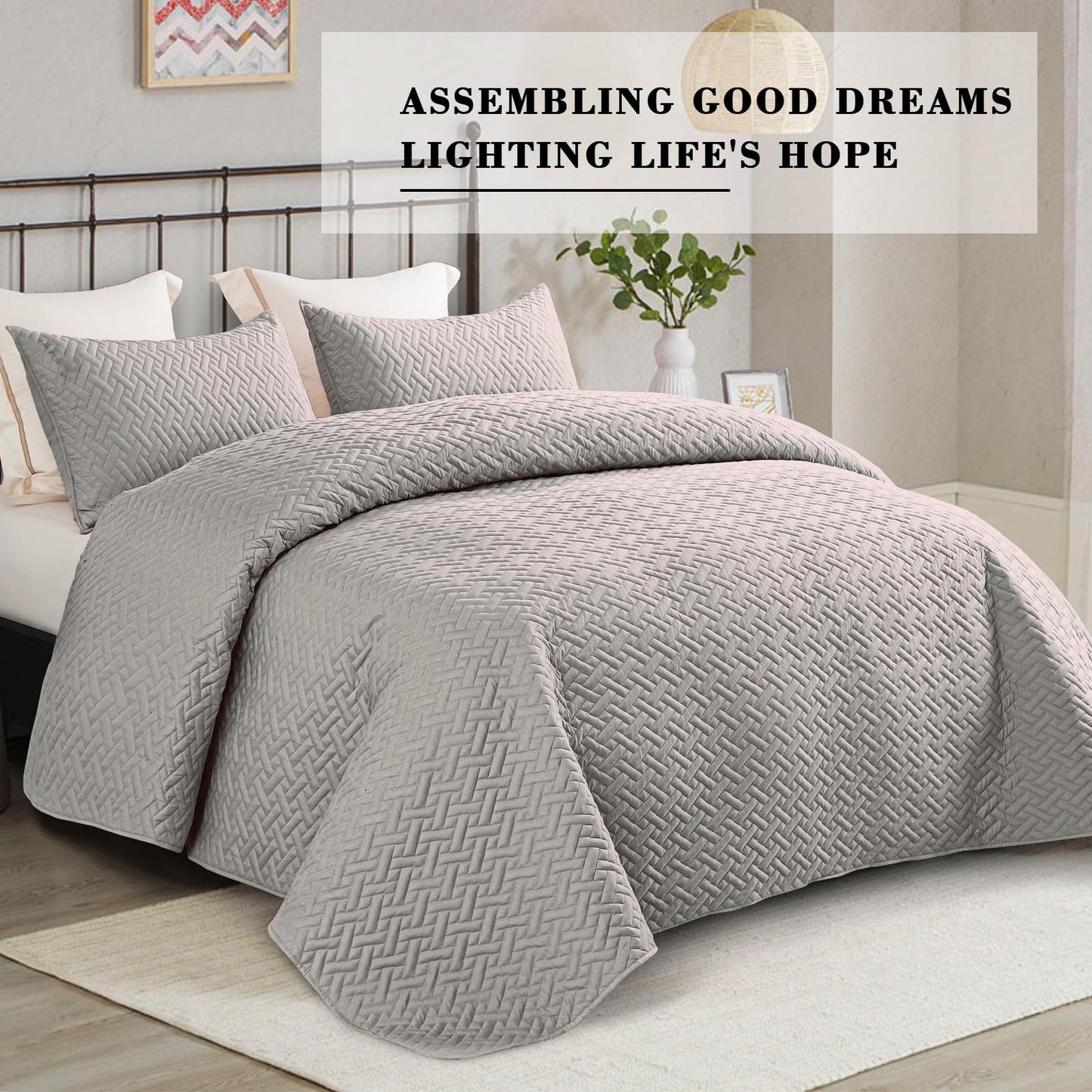 Exclusivo Mezcla 3-Piece Queen Size Quilt Set with Pillow Shams, Basket Quilted Bedspread/Coverlet/Bed Cover(96x90 inches, Light Grey)-Soft, Lightweight and Reversible