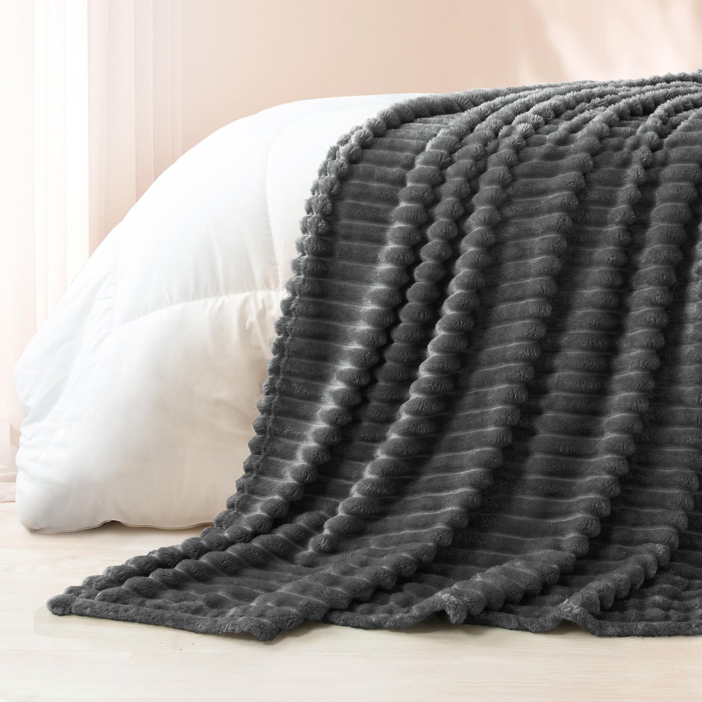 Exclusivo Mezcla California King Size Flannel Fleece Blanket, Super Soft Striped Jacquard Bed Oversized Blanket, Lightweight Fuzzy Cozy for All Seasons, 120x120 Inches, Grey