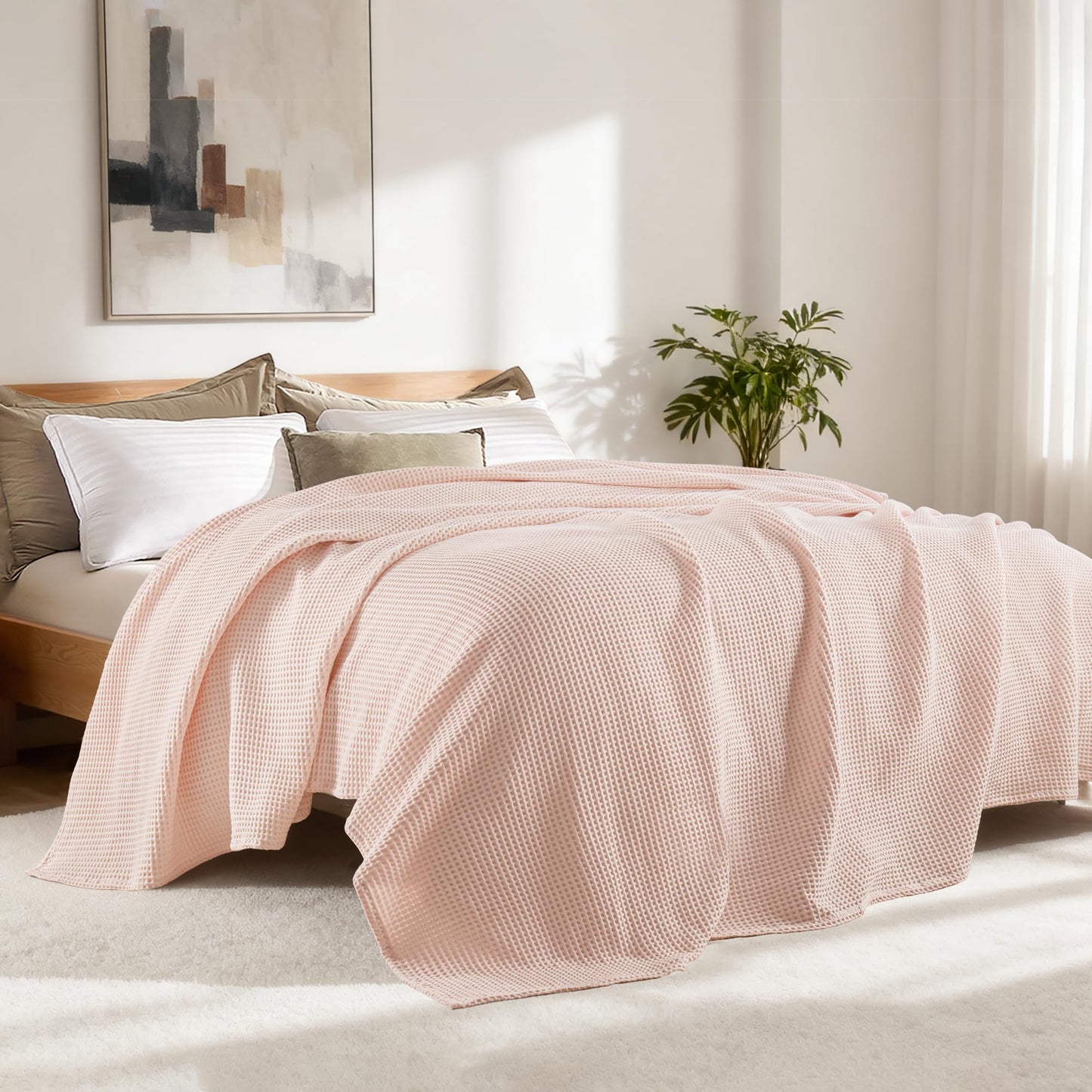 Exclusivo Mezcla 100% Cotton Waffle Weave Blanket King Size, Soft, Lightweight and Breathable Muslin Gauze Blanket for Bed, All Season, 90"x104", Pink