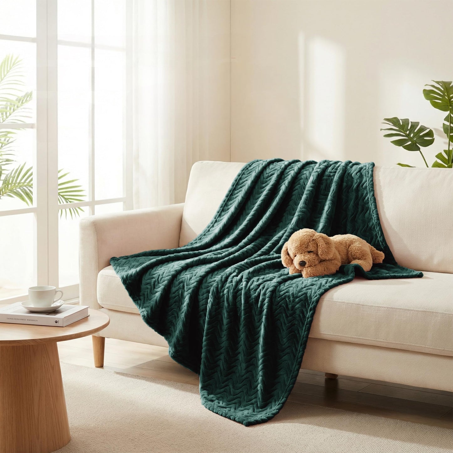 Exclusivo Mezcla Twin Size Jacquard Weave Wave Pattern Flannel Fleece Velvet Plush Bed Blanket as Bedspread/Coverlet/Bed Cover (90" x 66", Forest Green) - Soft, Lightweight, Warm and Cozy