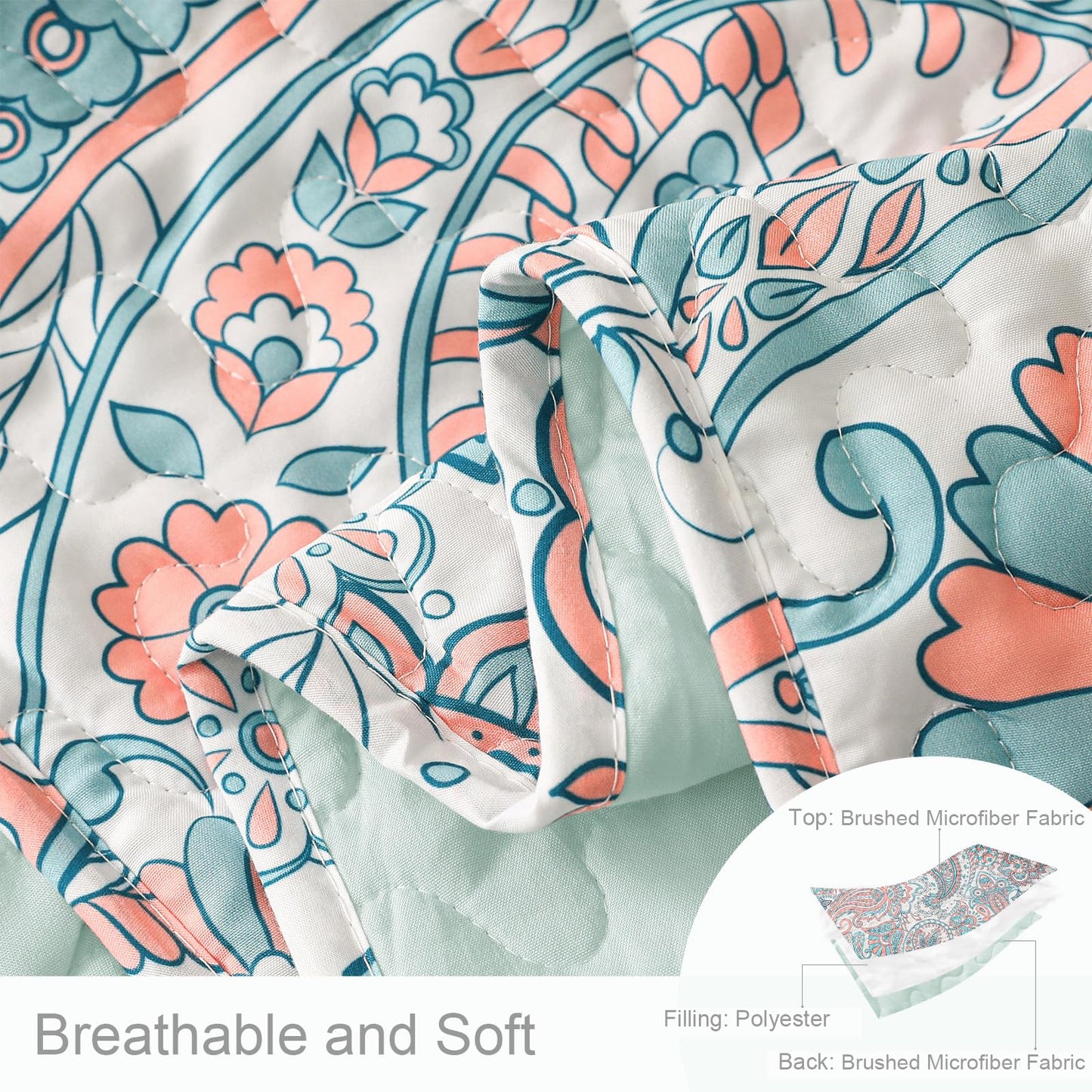 Exclusivo Mezcla Reversible Boho California King Quilt, Aqua Soft Bedspreads Lightweight Coverlet All Season Paisley Quilts Bedding Set with Printed Floral Pattern (1 Quilt, 2 Pillow Shams)