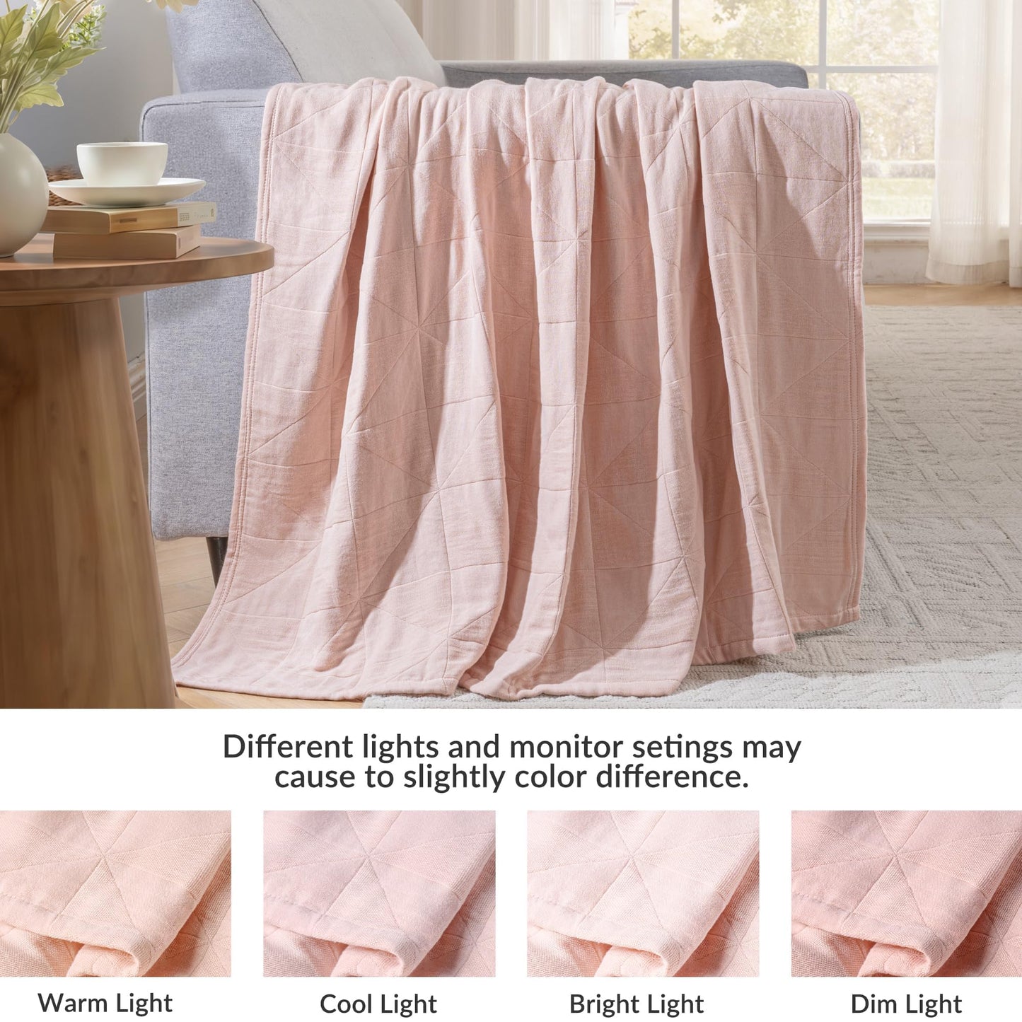 Exclusivo Mezcla 100% Cotton 4 Layers Muslin Throw Blanket for Couch, Moisture-wicking and Breathable Gauze Blanket with Geometric Pattern for Year Round Comfort, 50"x60", Pink
