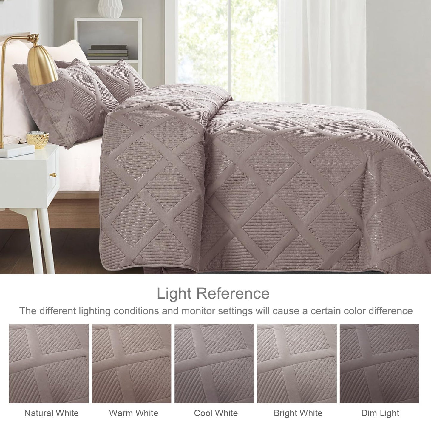 Exclusivo Mezcla Ultrasonic Full Queen Quilt Set, 3-Piece Lightweight Bedspreads Modern Striped Coverlet, Taupe