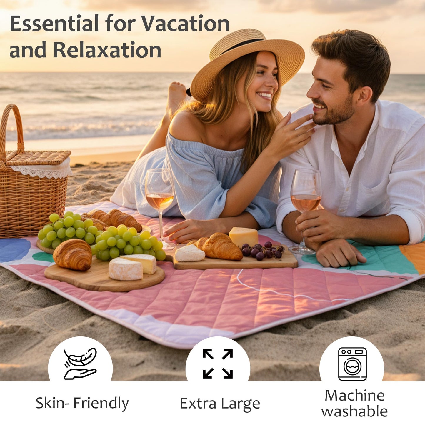Exclusivo Mezcla Waterproof Picnic Blankets 3-Layer 80"x 80" Large Sandproof Beach Blanket Foldable Outdoor Blanket for Camping on Grass Picnic Mat, Abstract Pink