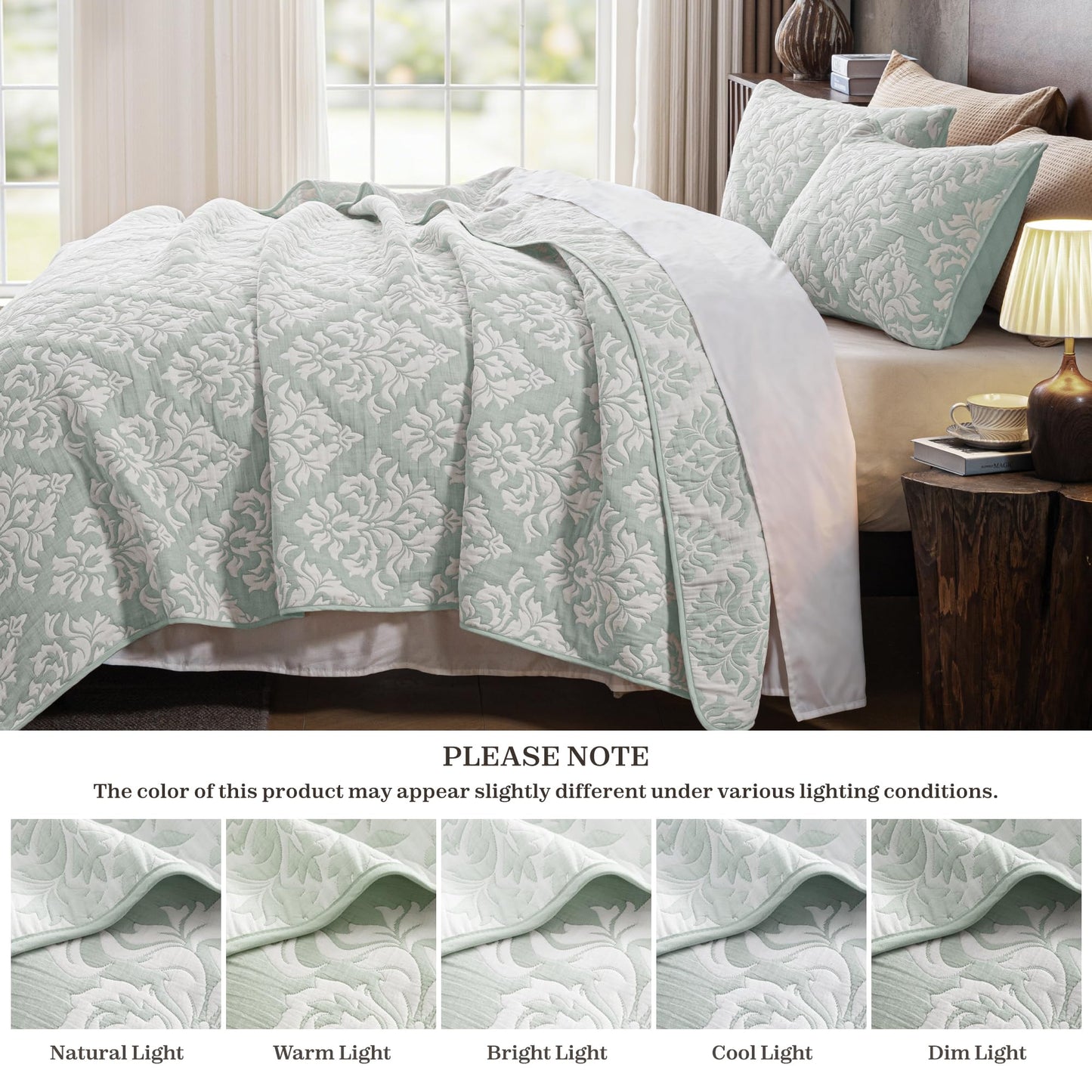 Exclusivo Mezcla Quilts Queen Size Sage Green, Cotton Muslin Soft Breathable Bedspread Lightweight Prewashed Bed Coverlet With 2 Pillow Shams, Boho Pattern Yarn Dyed Quilt Bedding Set for All Seasons