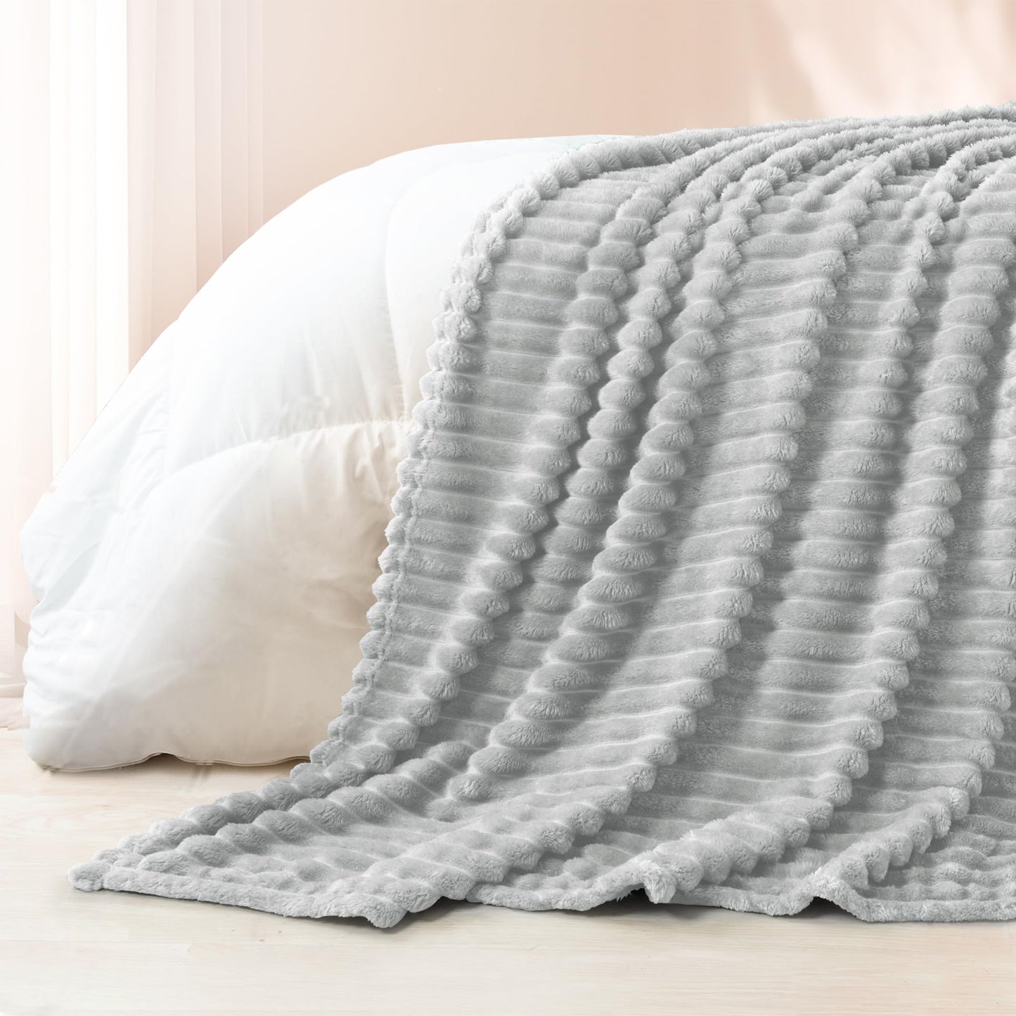 Exclusivo Mezcla California King Size Flannel Fleece Blanket, Super Soft Striped Jacquard Bed Oversized Blanket, Lightweight Fuzzy Cozy for All Seasons, 120x120 Inches, Light Grey
