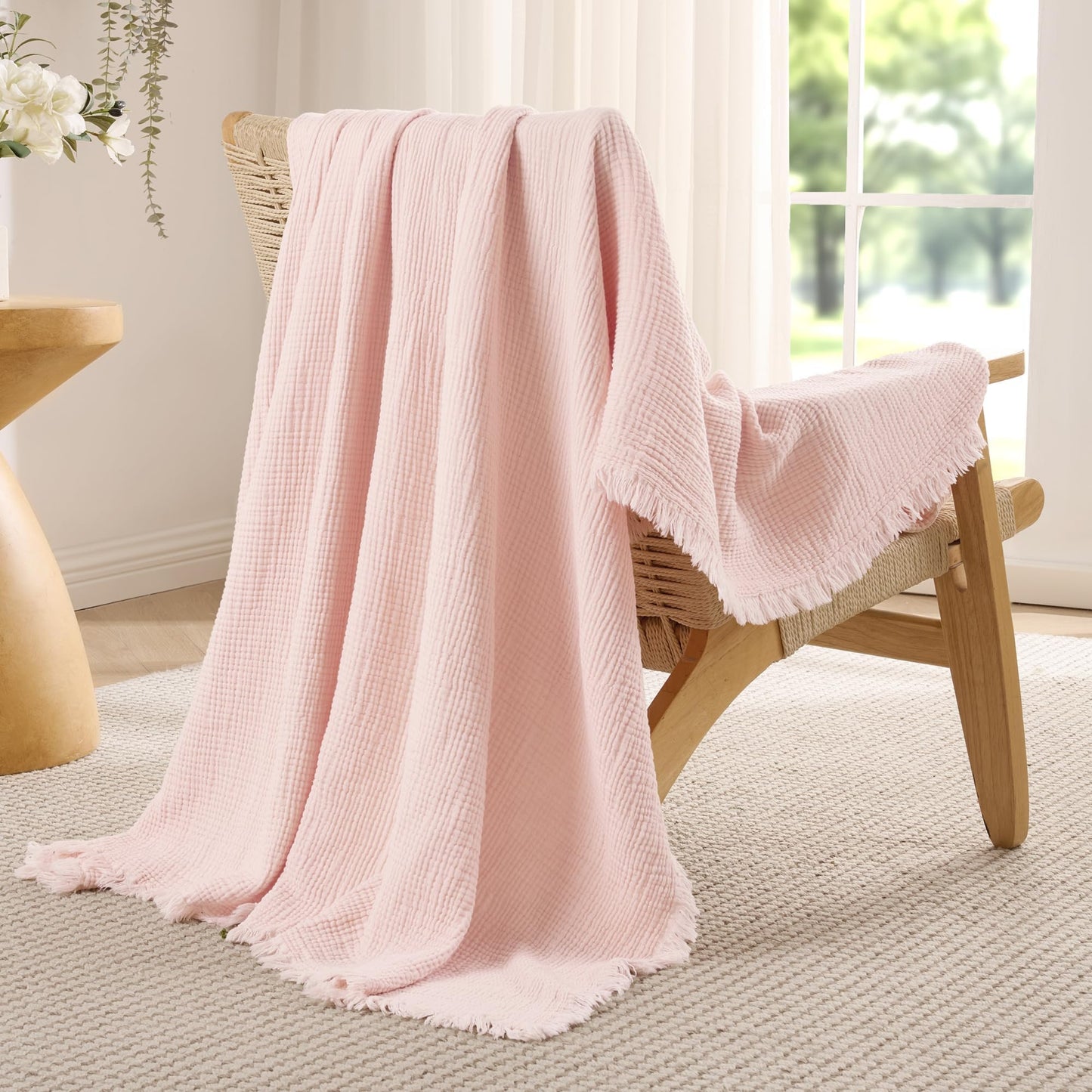 Exclusivo Mezcla 100% Cotton Muslin Twin Size Blanket,6 Layers Breathable and Lightweight Gauze Blankets for Bed, Soft Bedspread, 60"x80", Pink
