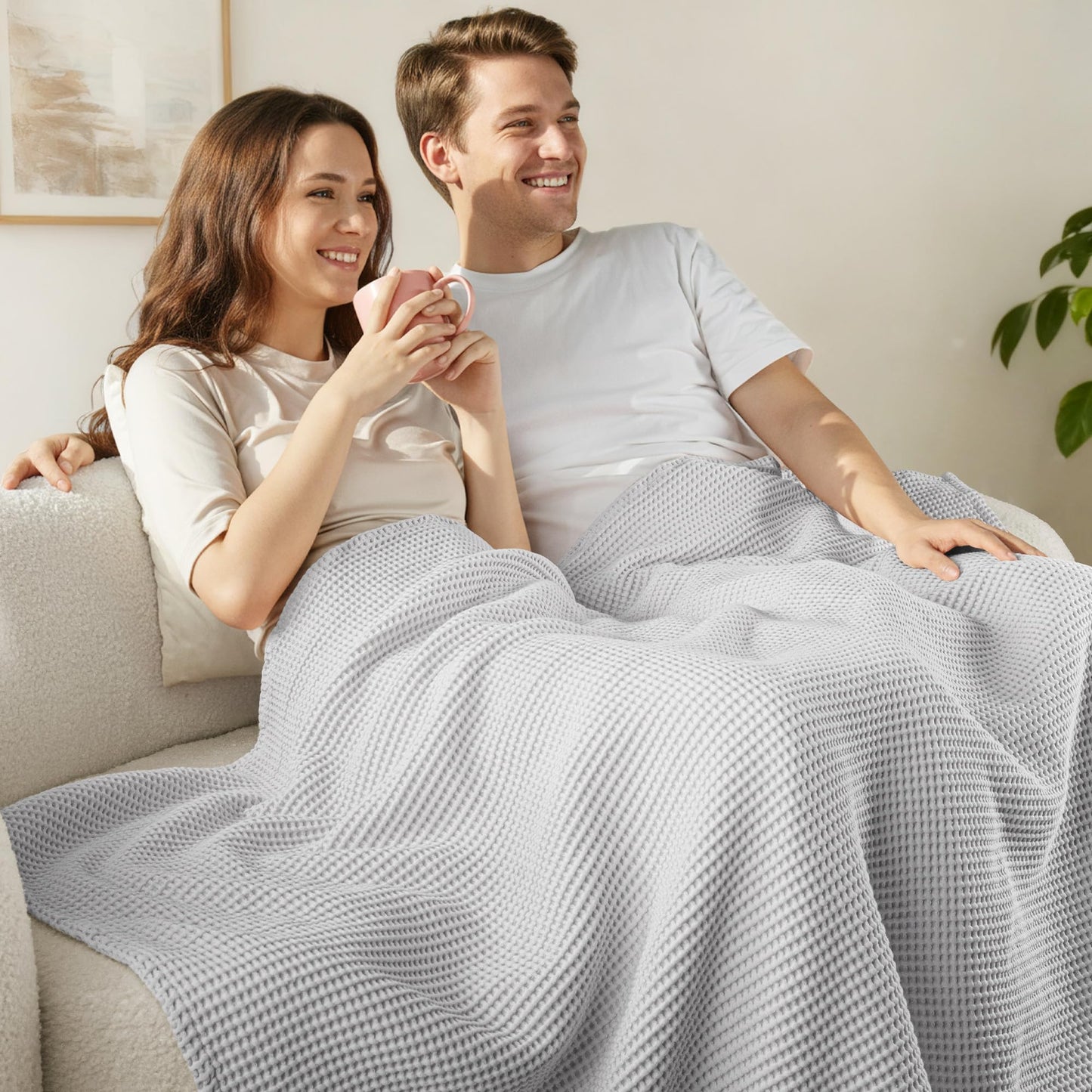 Exclusivo Mezcla 100% Cotton Waffle Weave Blanket King Size, Soft, Lightweight and Breathable Muslin Gauze Blanket for Bed, All Season, 90"x104", Light Grey