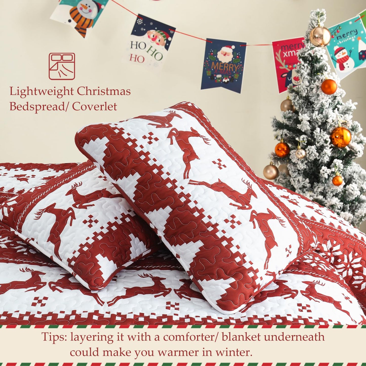 Exclusivo Mezcla Christmas Quilt King Size, White and Rust Red Striped Bedspreads Reversible Coverlets Bedding Set with Printed Reindeer Snowflakes Pattern (1 Quilt, 2 Pillow Shams)