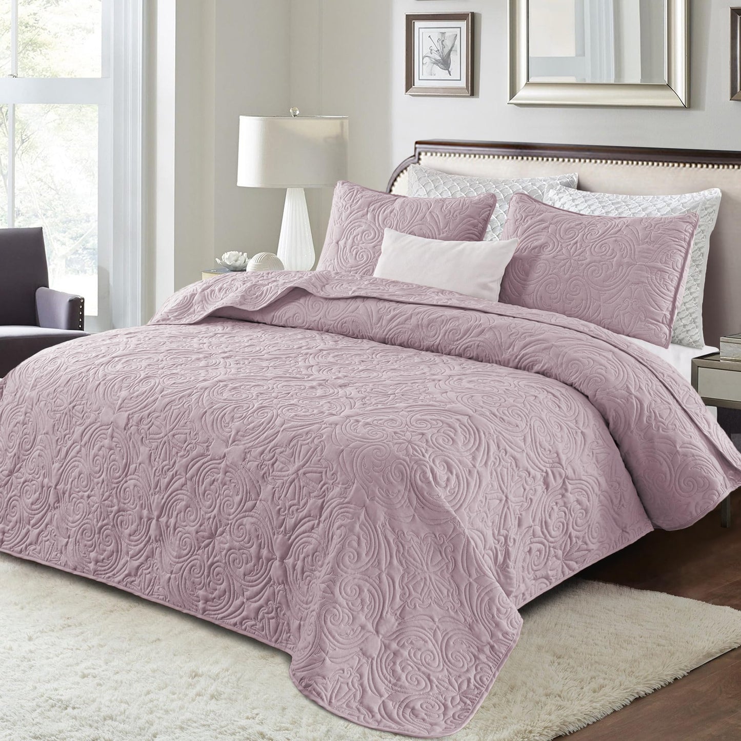 Exclusivo Mezcla Quilts King Size Bedspread with 2 Pillow Shams, Lightweight Lilac Ash King Quilt Bedding Set with Vintage Damask Pattern, Soft Bedspreads Coverlets for All Seasons